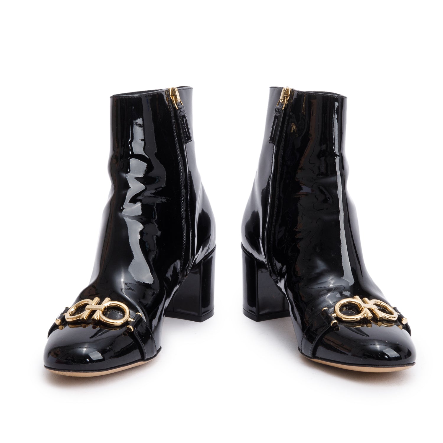 Salvatore Ferragamo Black Patent Leather Gancini Buckle Accent Booties, Size 35.5