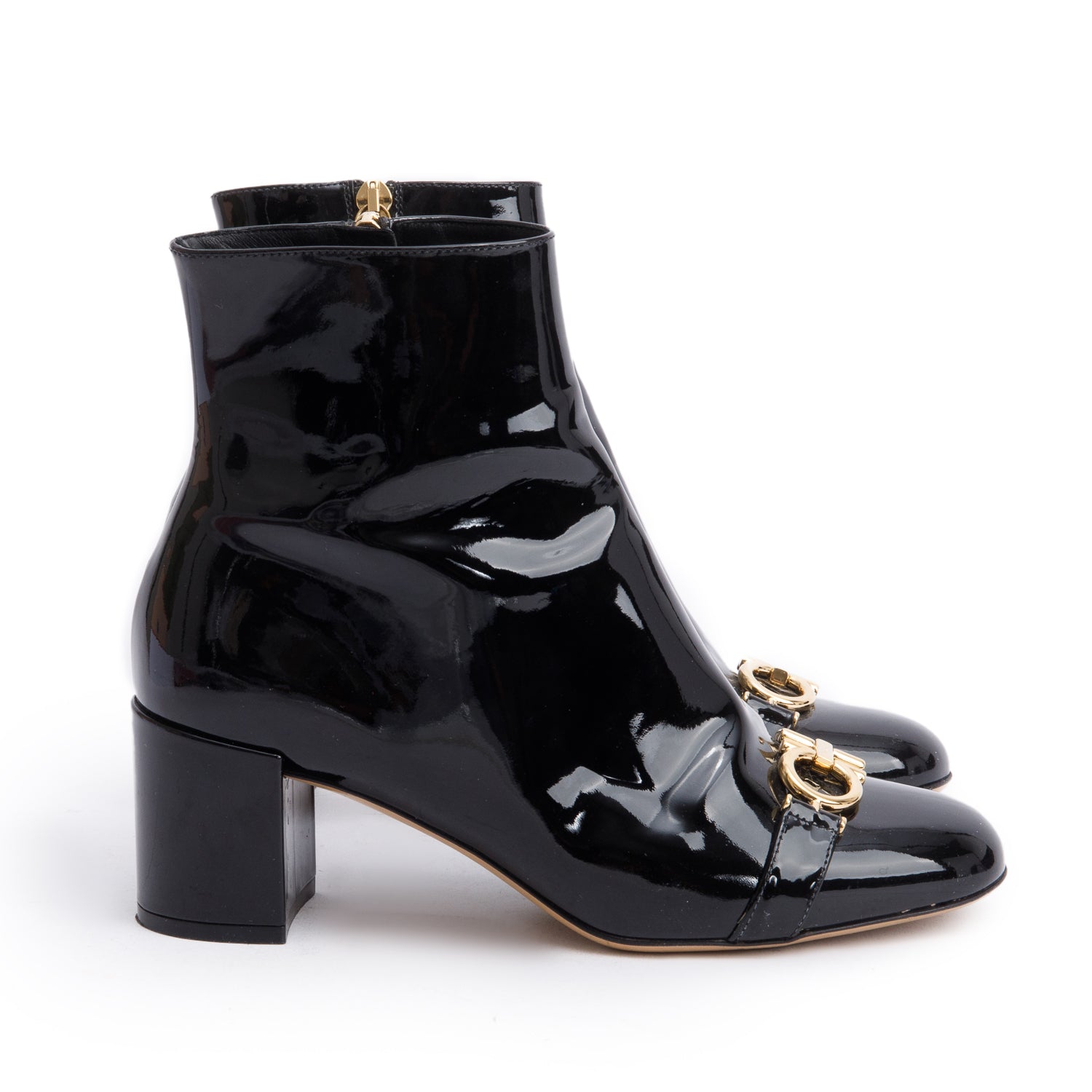 Salvatore Ferragamo Black Patent Leather Gancini Buckle Accent Booties, Size 35.5