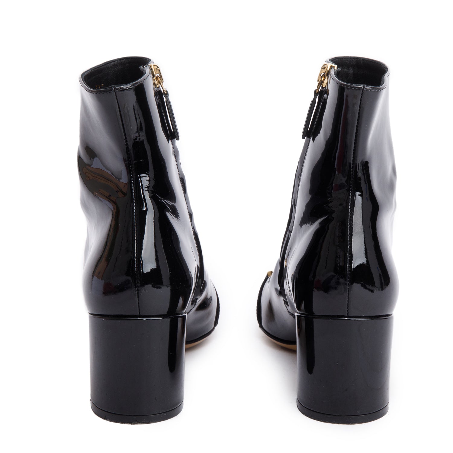 Salvatore Ferragamo Black Patent Leather Gancini Buckle Accent Booties, Size 35.5