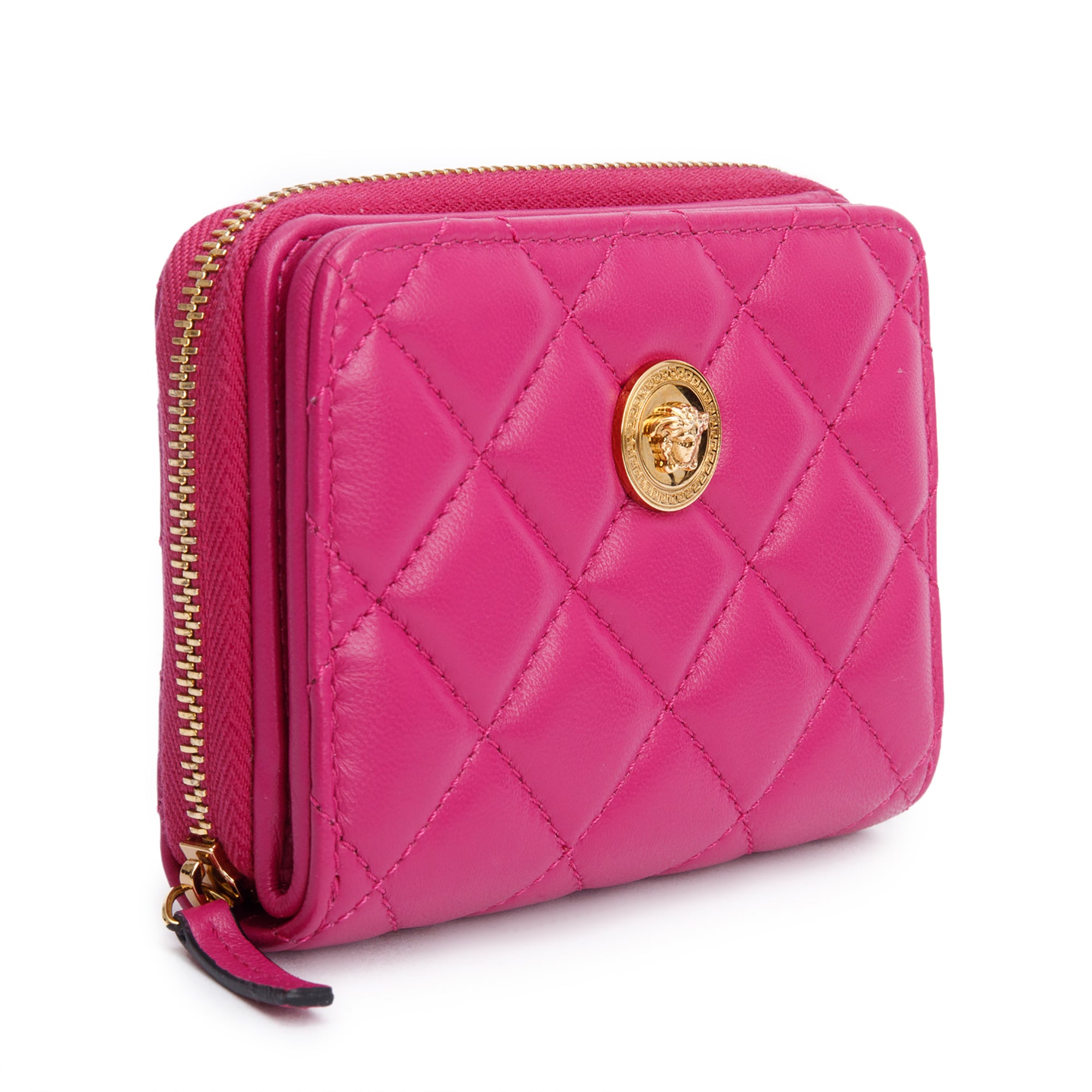 Versace Red Quilted Calfskin Leather Biggie Medusa Zip Around Compact Wallet w/ Box