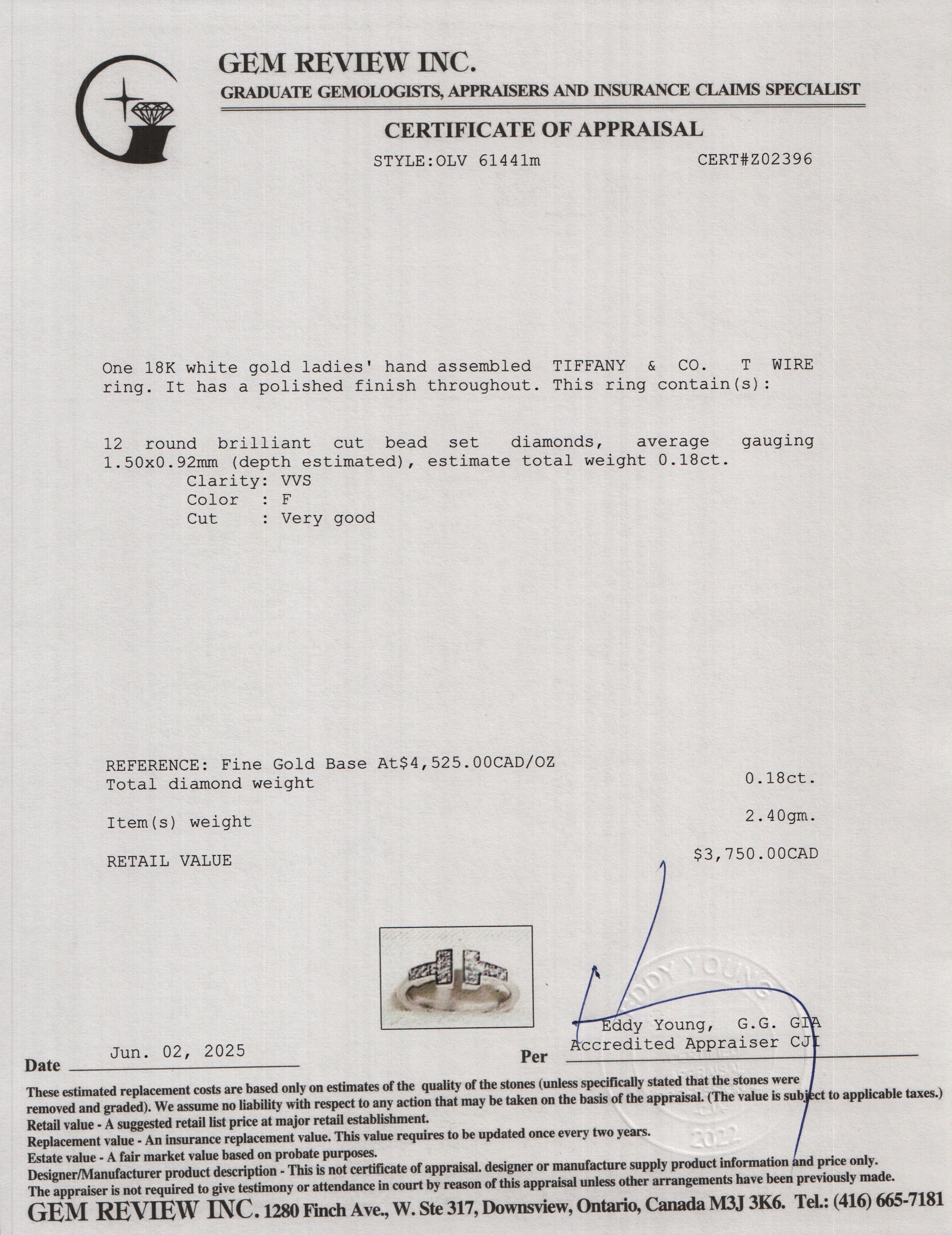 Tiffany & Co. 18k White Gold Diamond T Wire Ring, Size 5 w/ Box