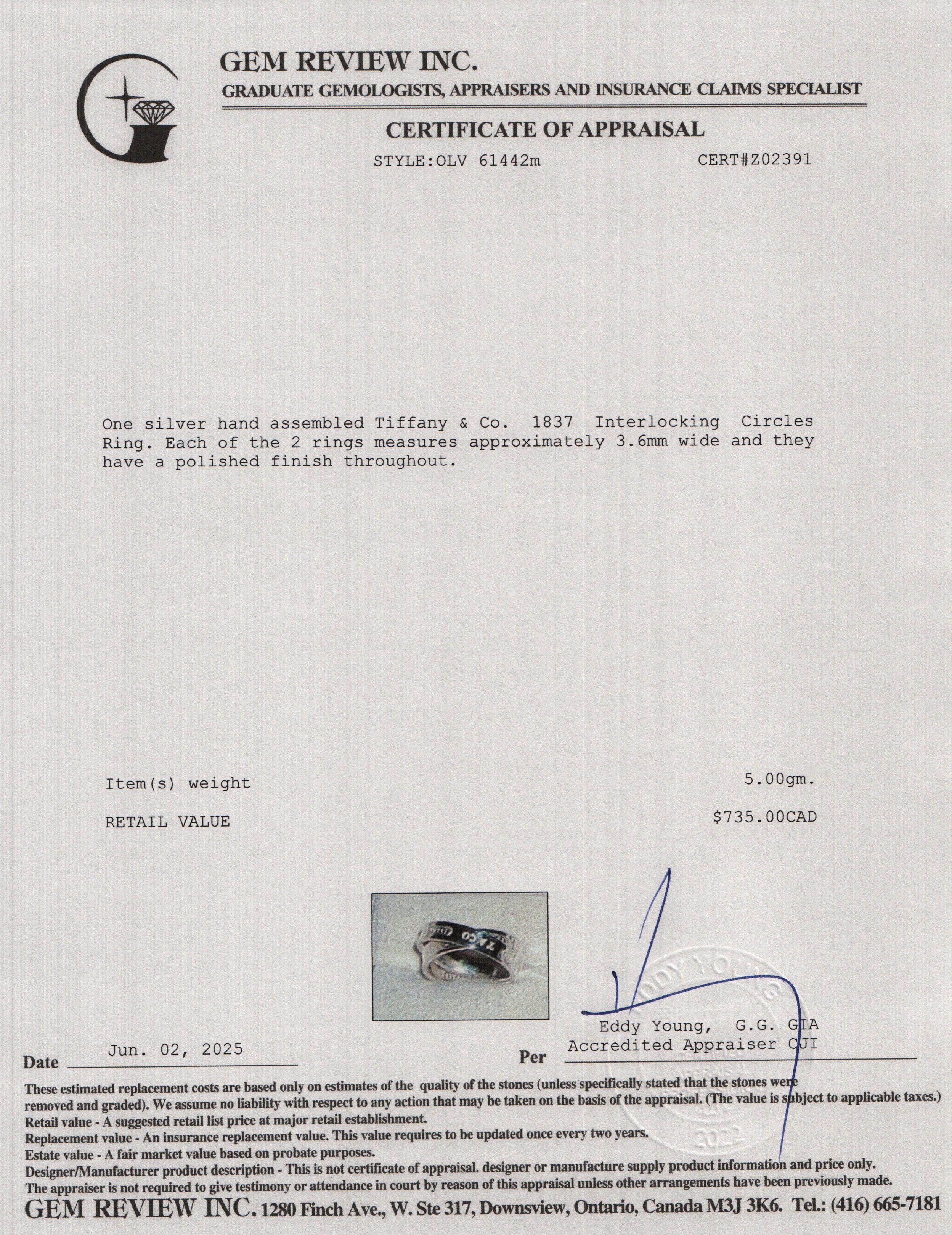 Tiffany & Co. Sterling Silver 1837 Interlocking Circles Ring, Size 5.5