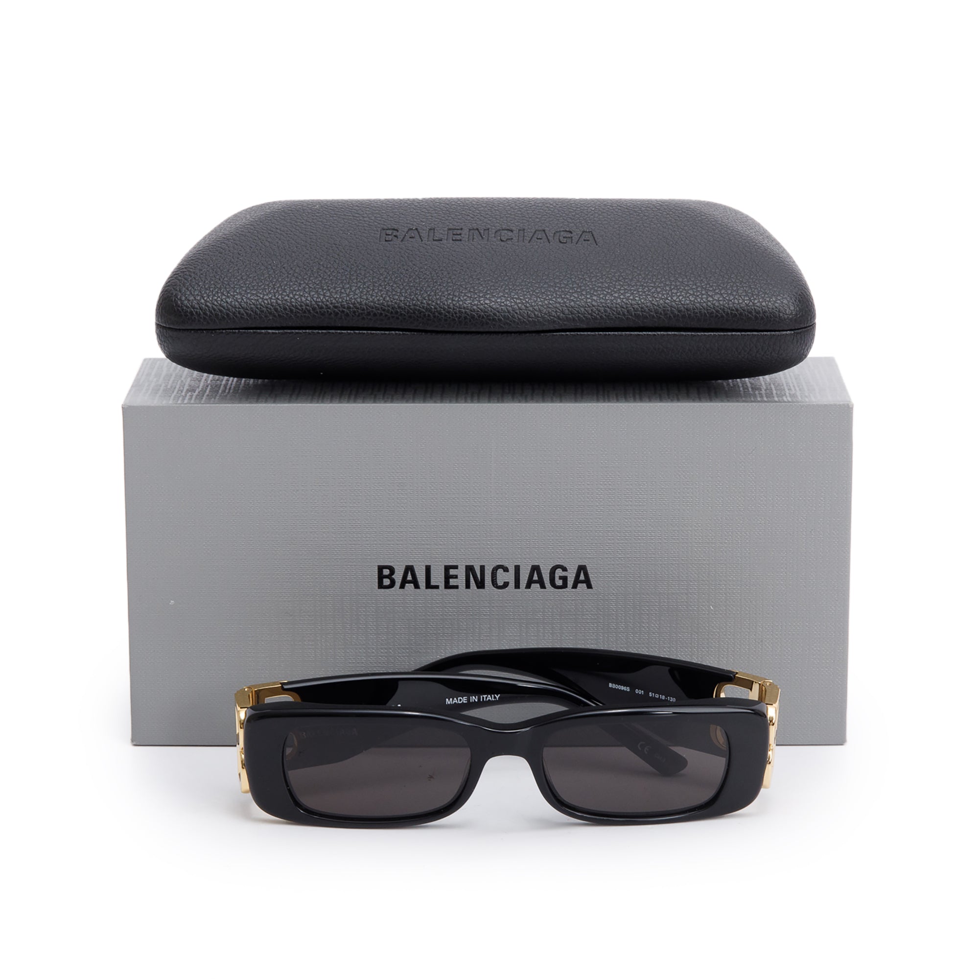 Balenciaga BB0096S Dynasty Black Acetate Rectangle Sunglasses w/ Box & Case