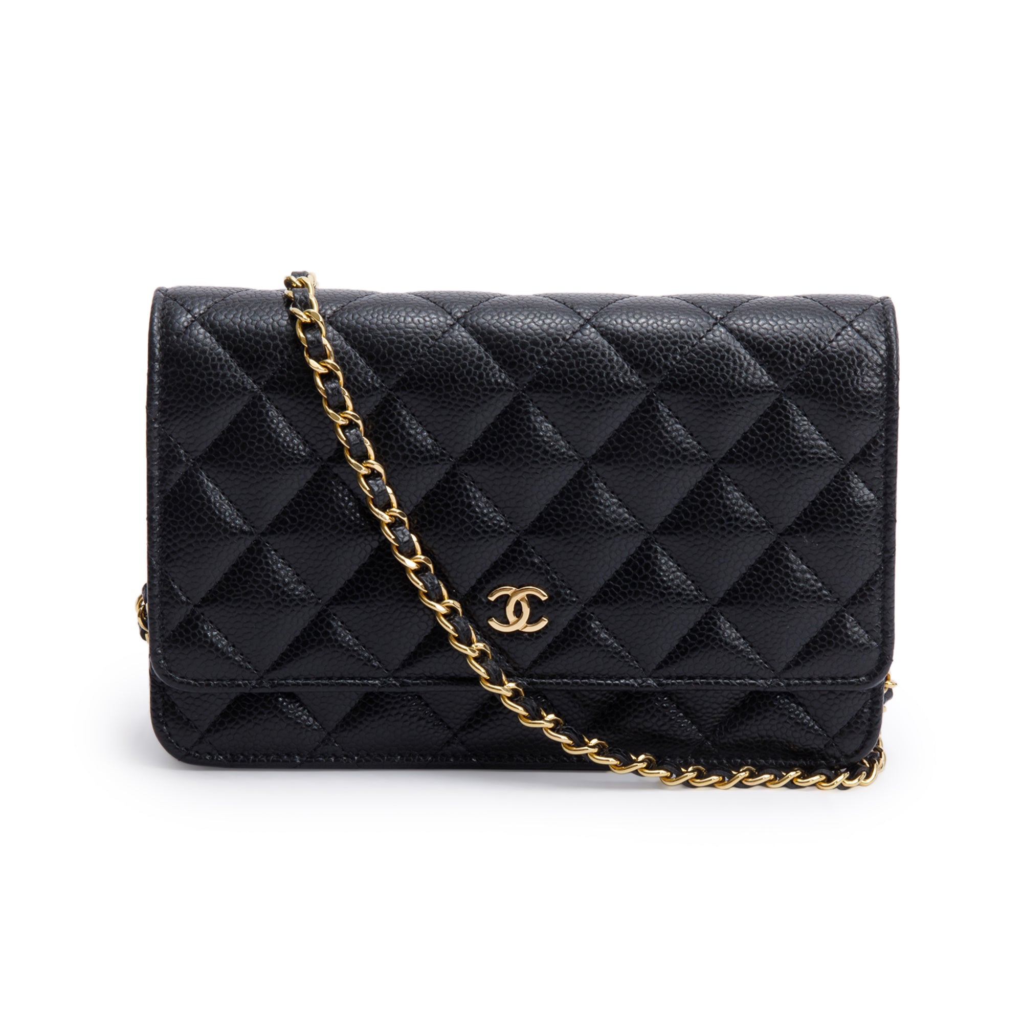 Chanel Black Quilted Caviar Leather Classic Wallet on Chain w/ Box