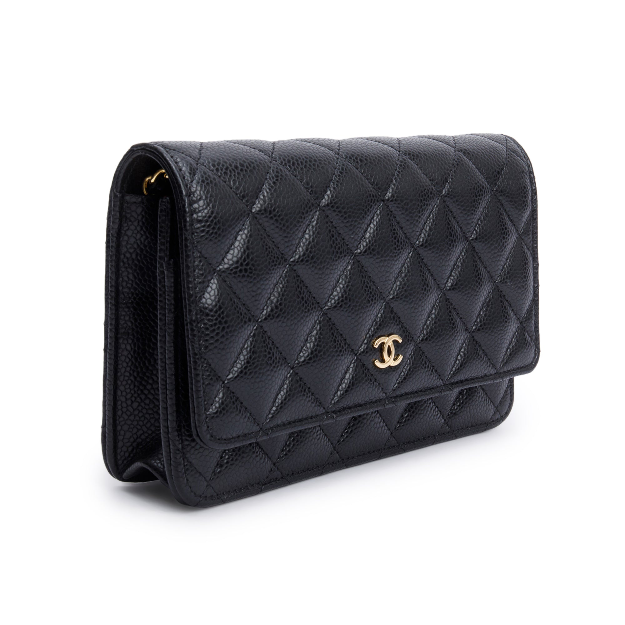 Chanel Black Quilted Caviar Leather Classic Wallet on Chain w/ Box