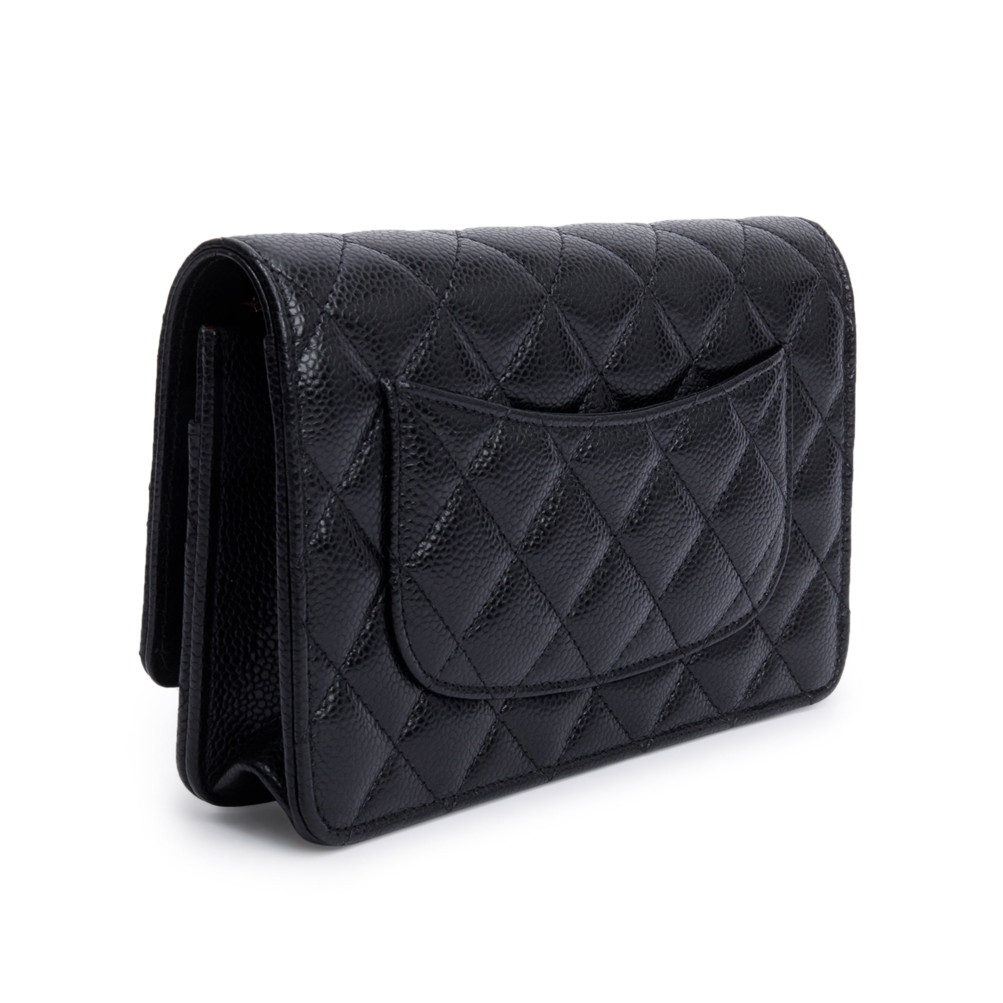 Chanel Black Quilted Caviar Leather Classic Wallet on Chain w/ Box