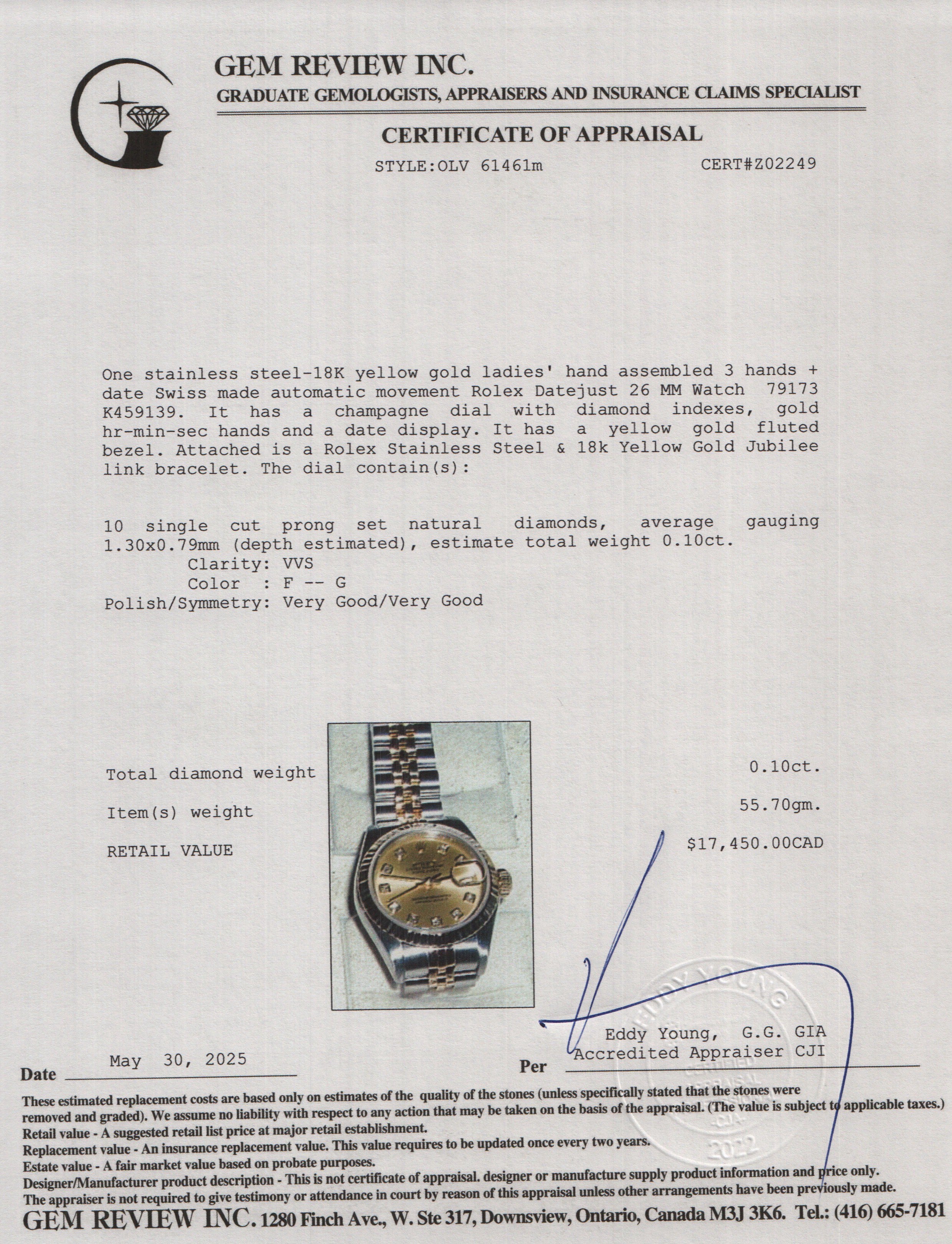 Rolex Stainless Steel & 18k Yellow Gold Diamond Dial Datejust 26 MM Watch 79173 w/ Box & Papers