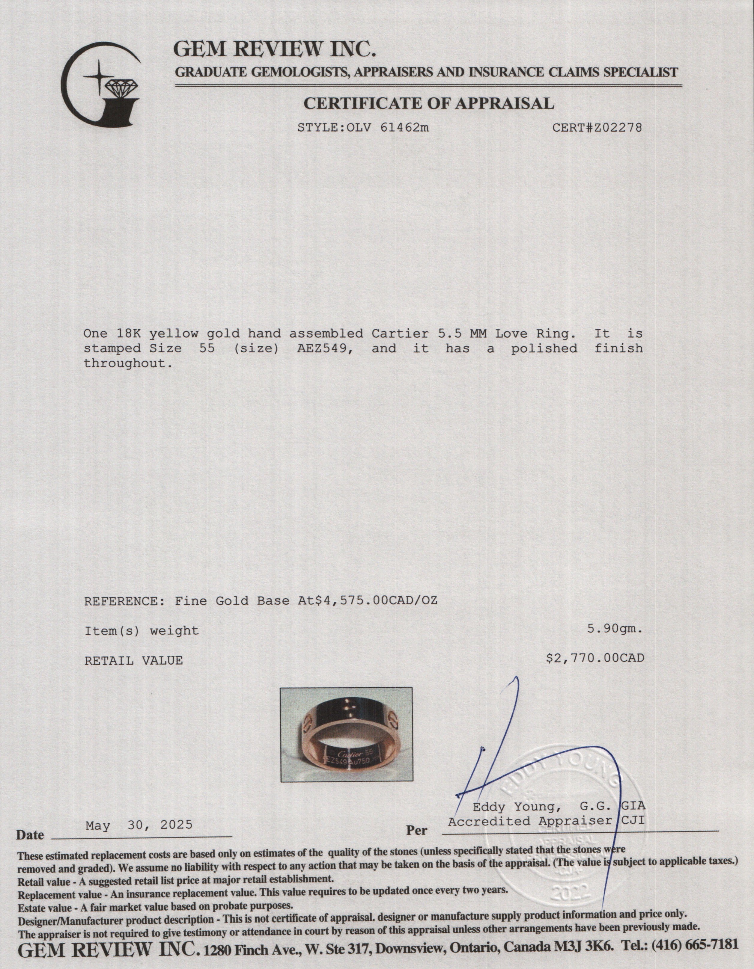 Cartier 18k Yellow Gold 5.5 MM Love Ring, Size 55 7.25 w/ Certificate