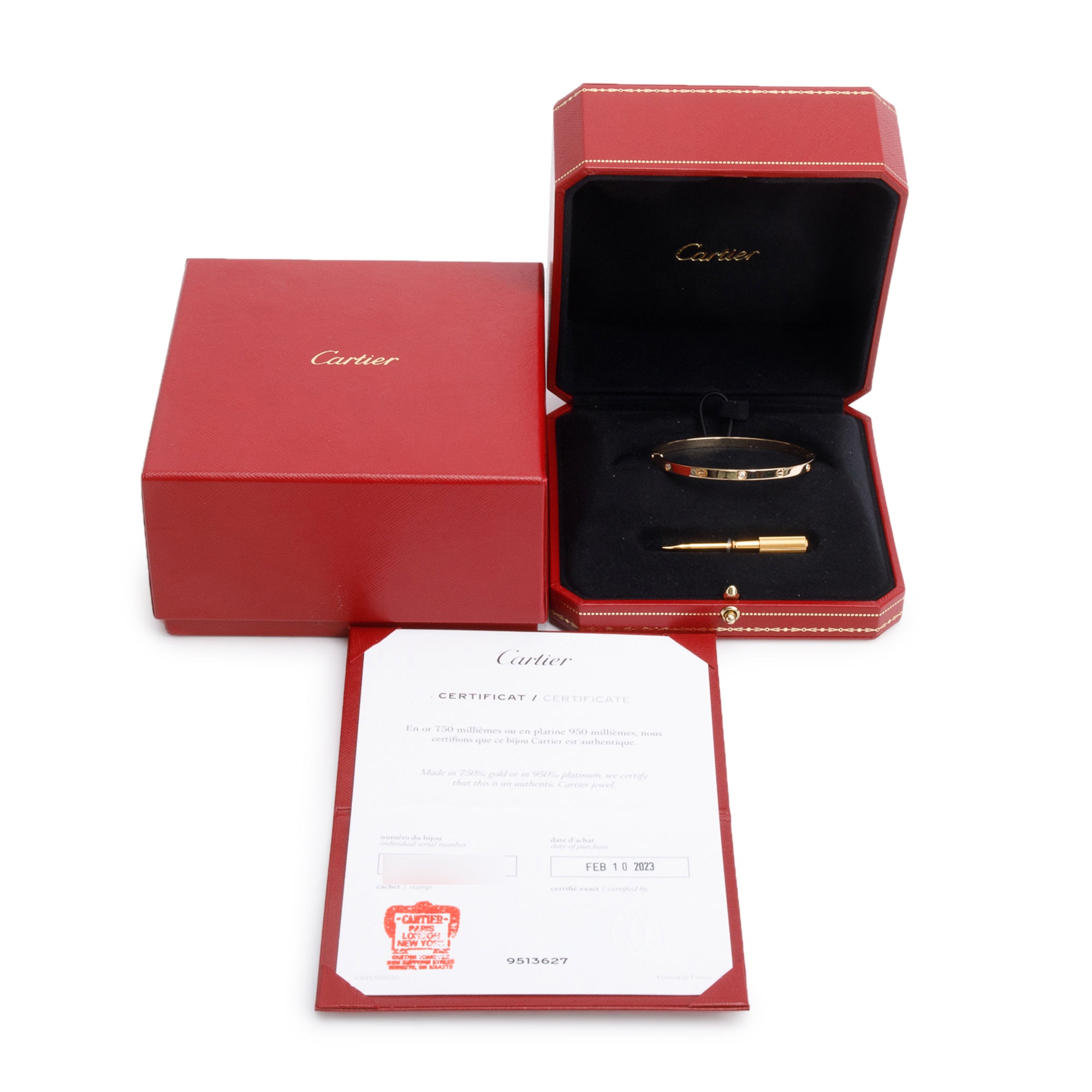 Cartier 2023 18k Yellow Gold 6 Diamond Love Bracelet, Small Model, Size 16 w/ Box, Receipt & Certificate