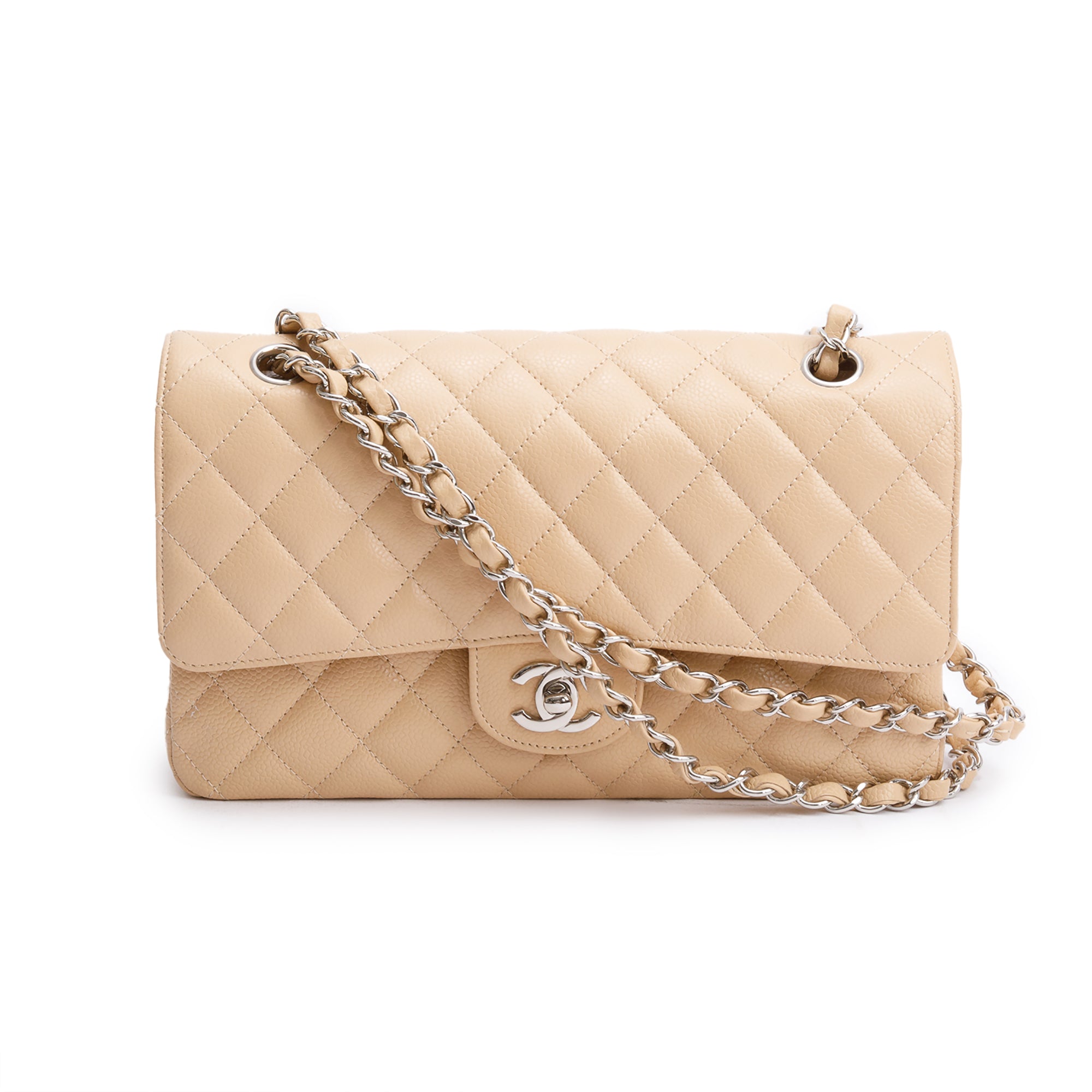 Chanel Beige Quilted Caviar Leather Classic Medium Double Flap Bag w/ Box & Authenticity Card