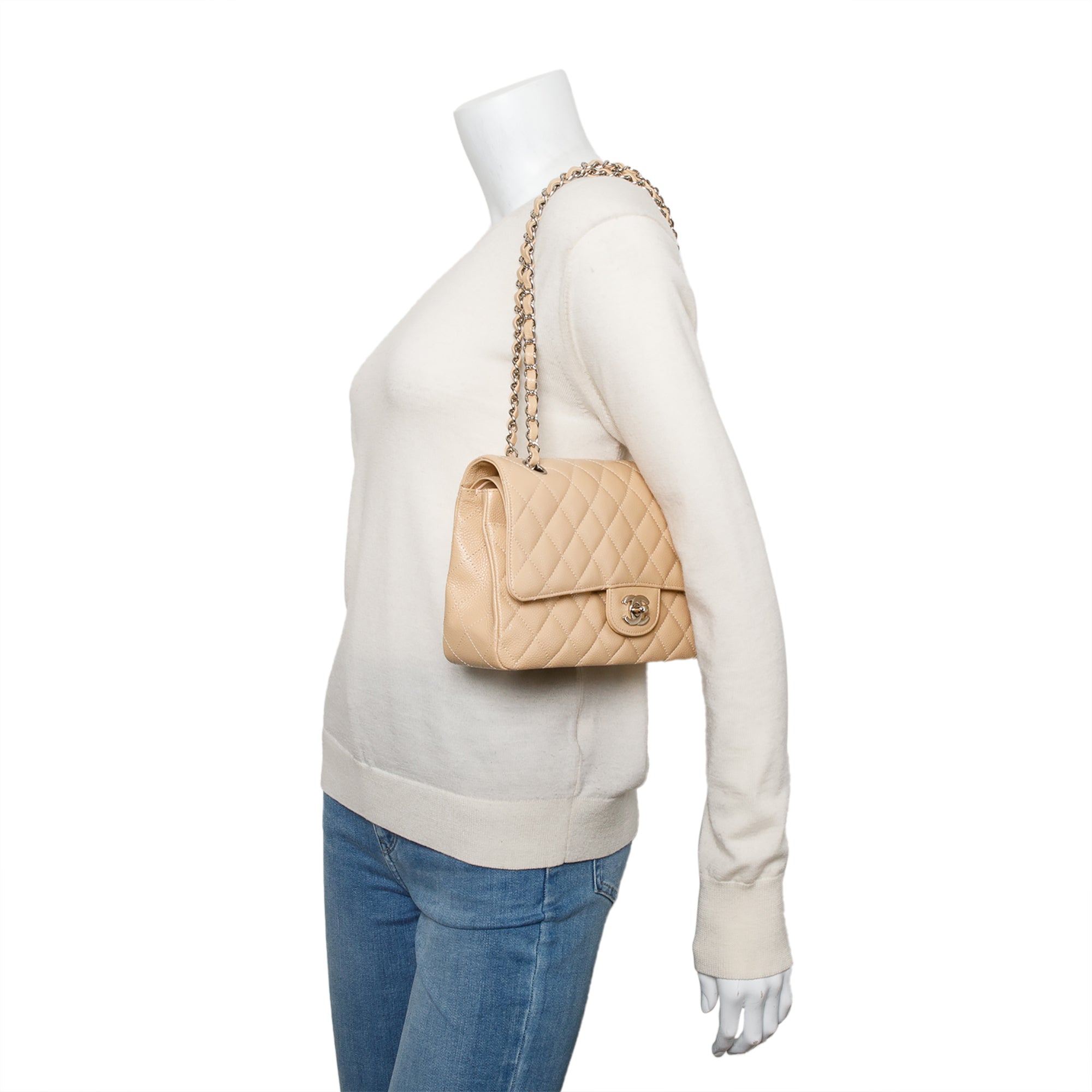 Chanel Beige Quilted Caviar Leather Classic Medium Double Flap Bag w/ Box & Authenticity Card