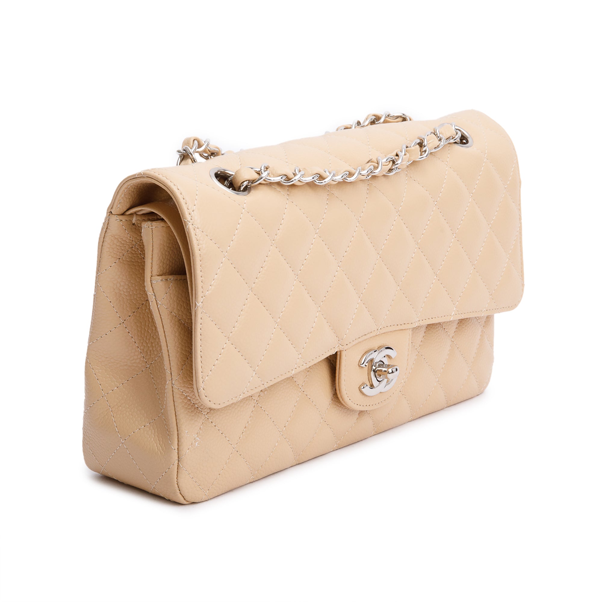 Chanel Beige Quilted Caviar Leather Classic Medium Double Flap Bag w/ Box & Authenticity Card
