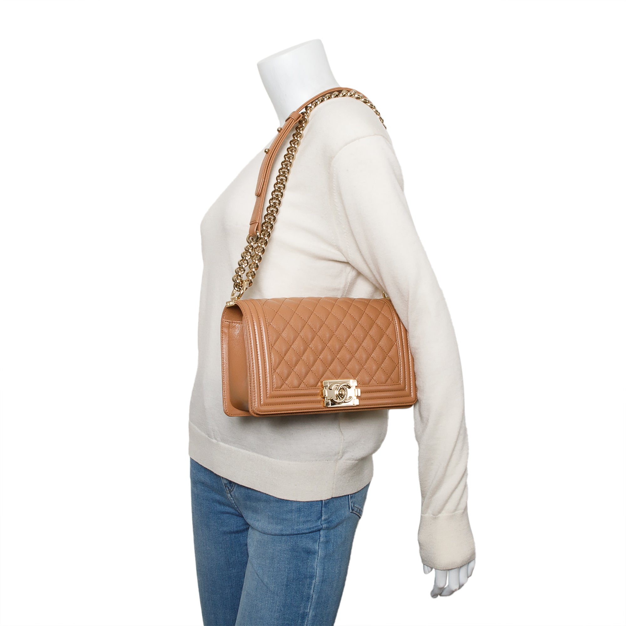 Chanel 2022 Brown Quilted Caviar Leather Medium Boy Bag w/ Box