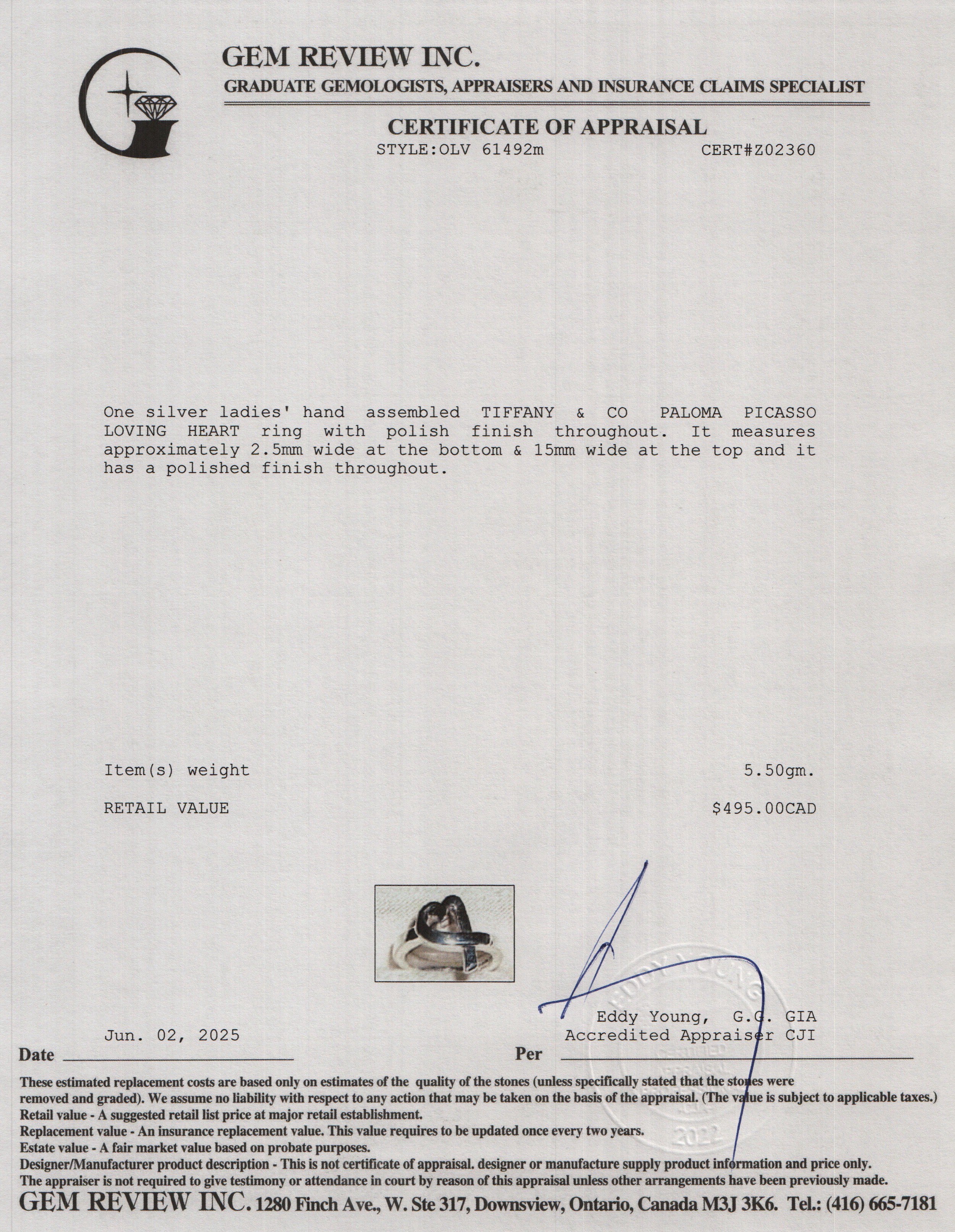 Tiffany & Co. Paloma Picasso Sterling Silver Loving Heart Ring, Size 7