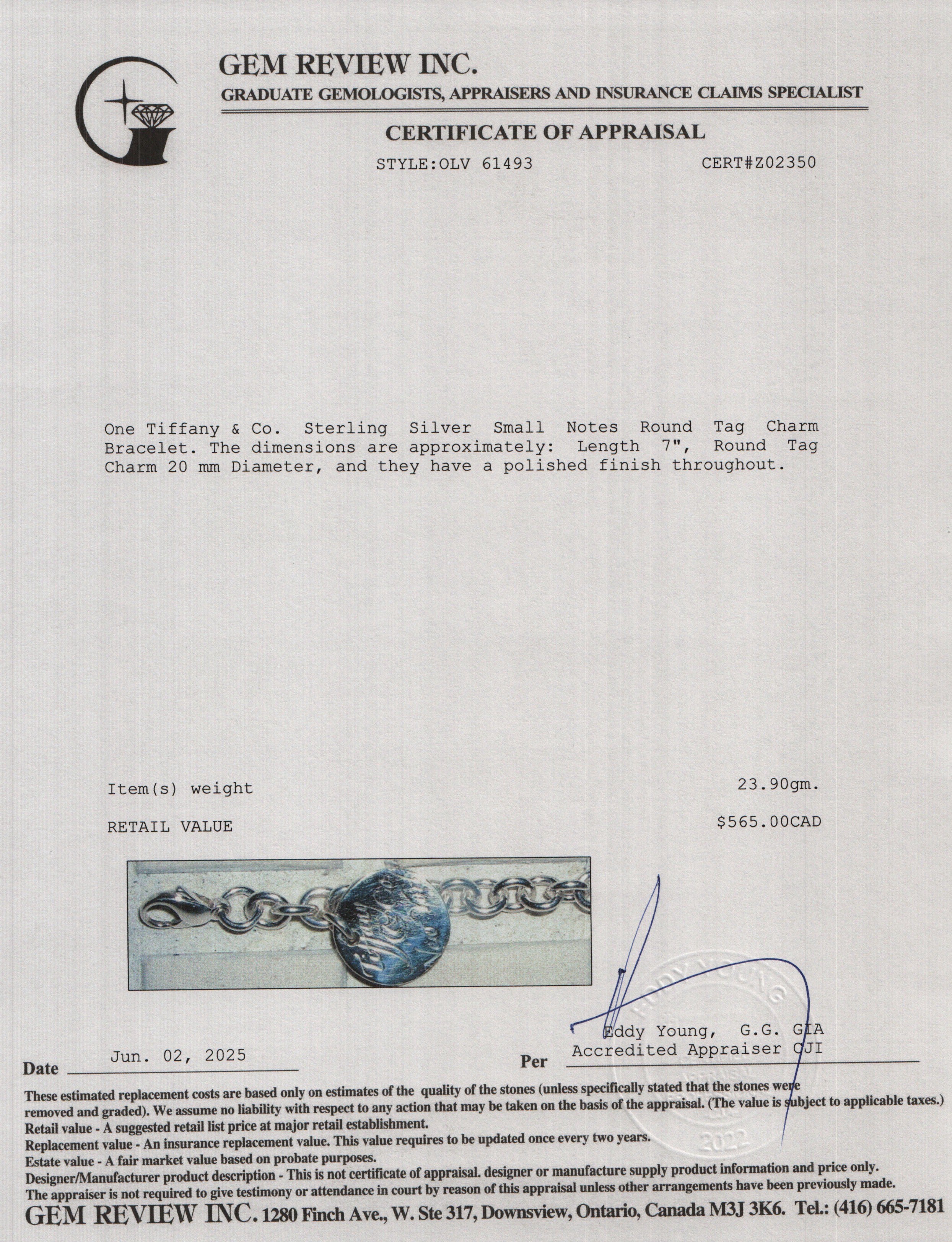 Tiffany & Co. Sterling Silver Small Notes Round Tag Charm Bracelet