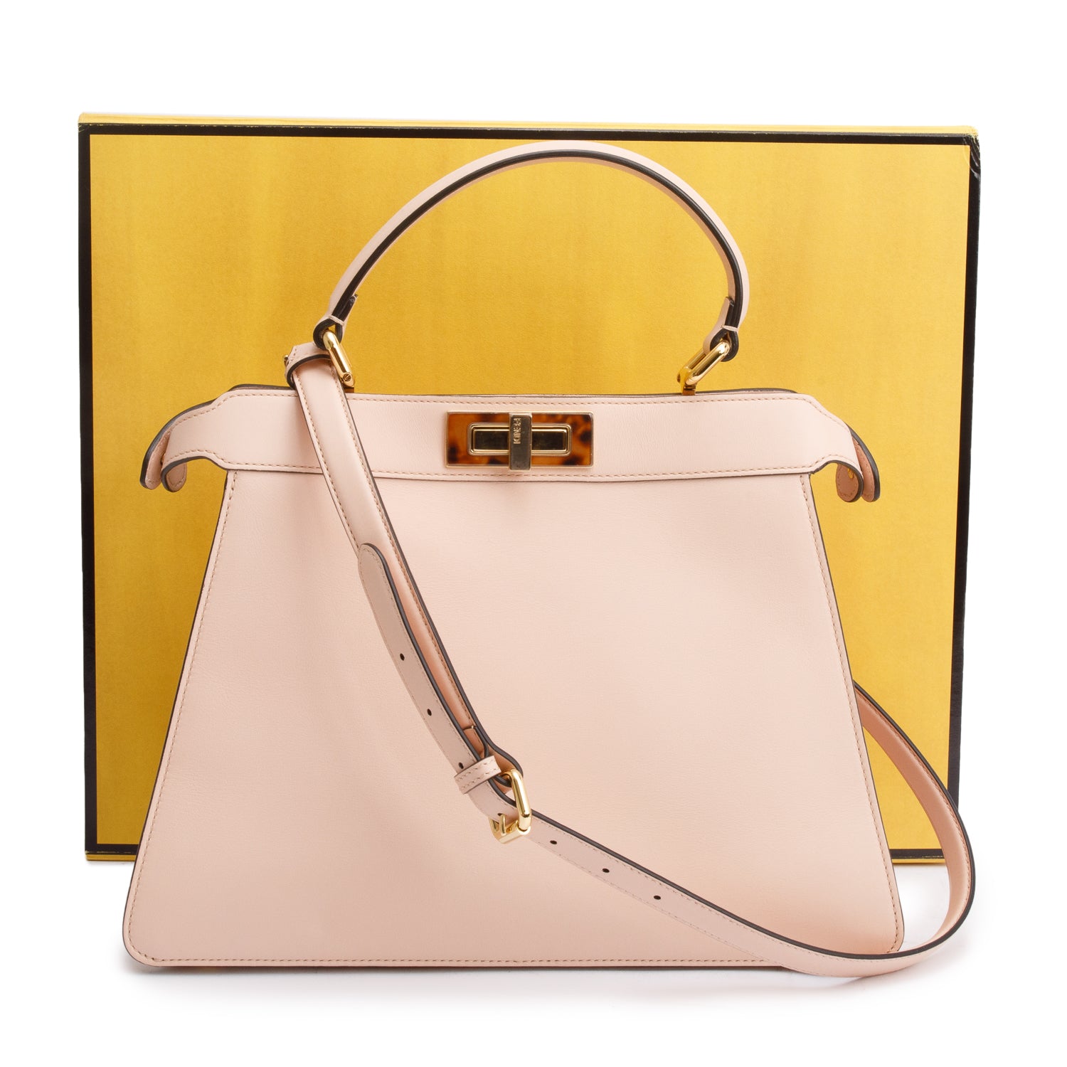 Fendi 2022 Pink Calfskin Leather Medium Peekaboo Bag with Tortoise Detail w/ Strap & Box