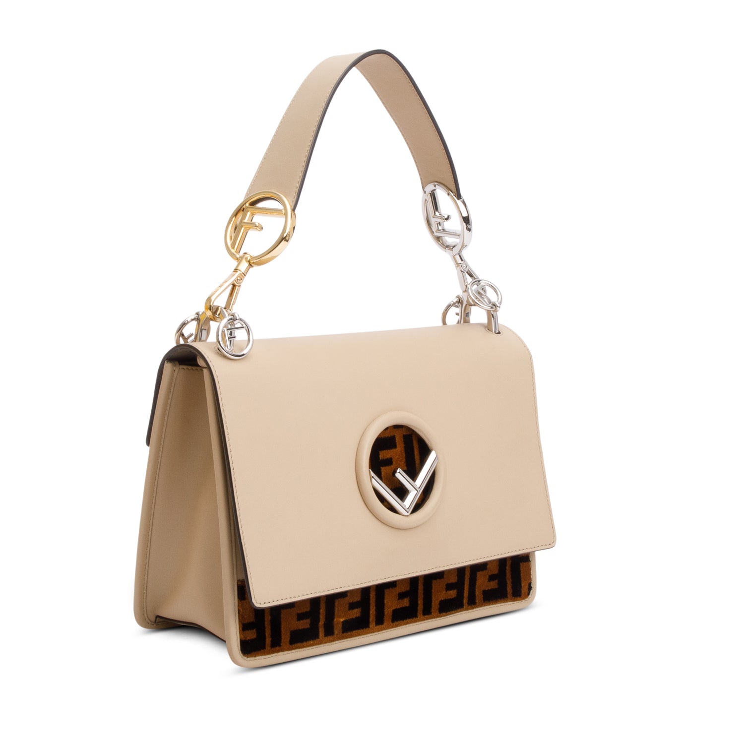 Fendi Beige Calfskin Leather FF Zucca Velvet Medium F is Fendi Kan I Shoulder Bag w/ Straps & Box