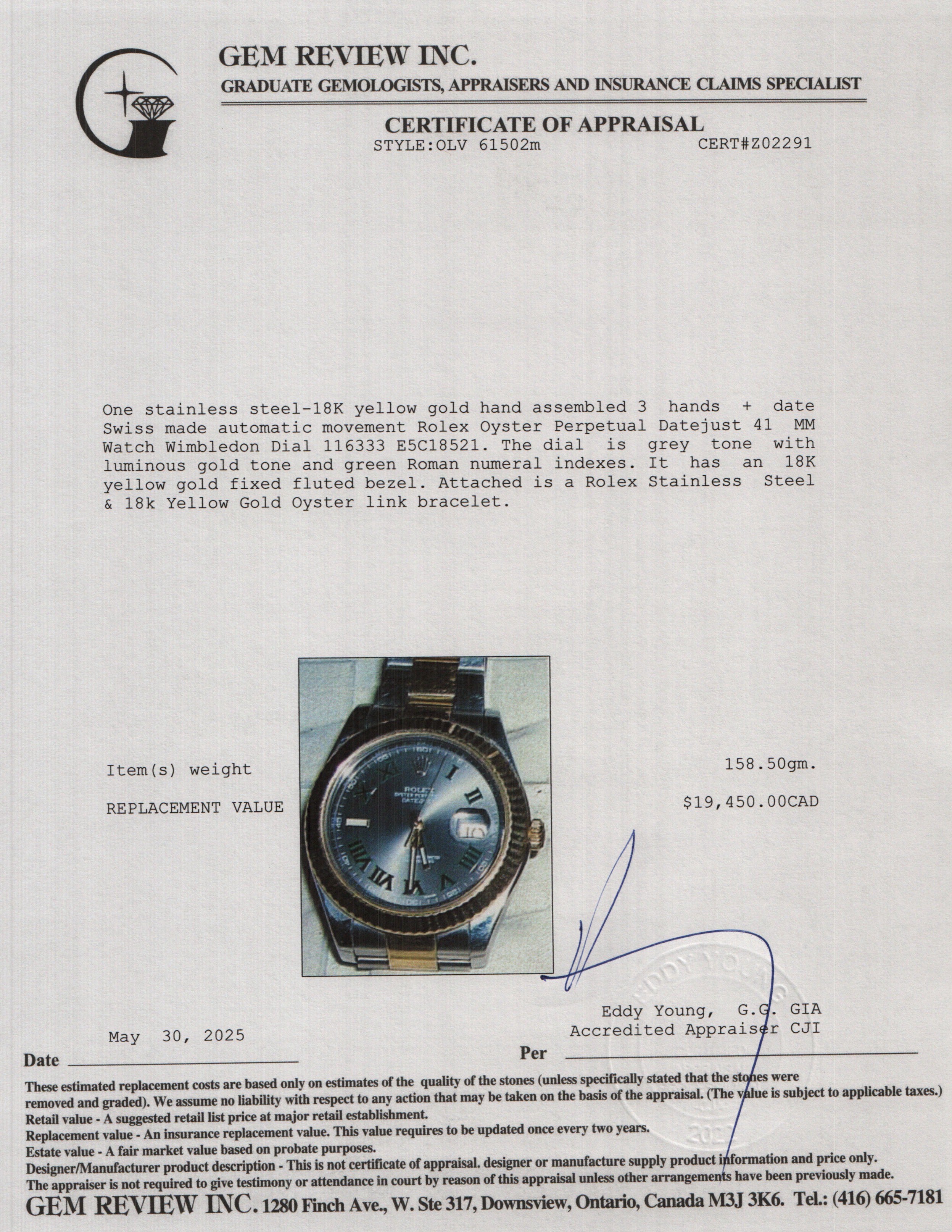 Rolex Stainless Steel & 18k Yellow Gold Oyster Perpetual Datejust 41 MM Watch Wimbledon Dial 116333 w/ Box & Papers