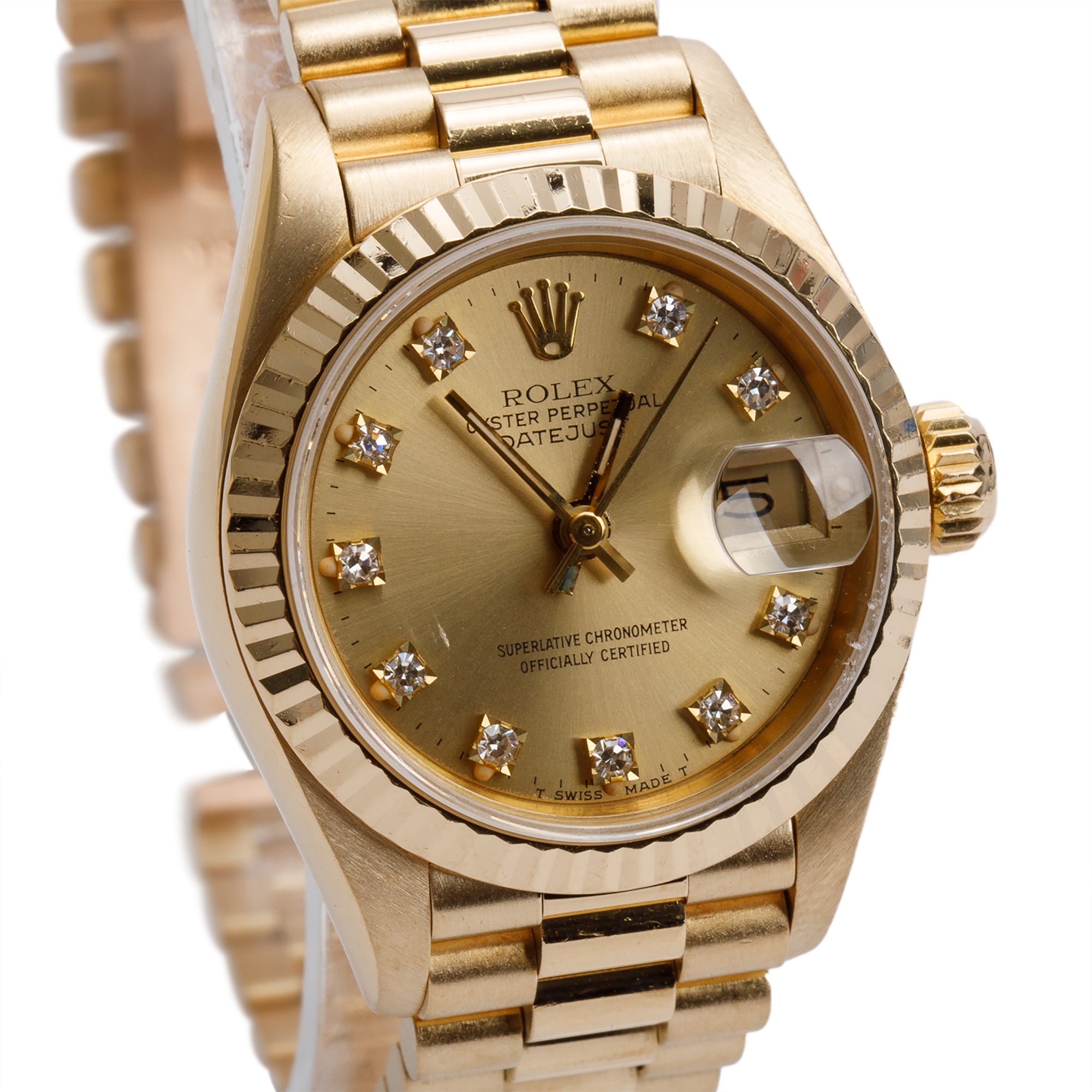 Rolex 18k Yellow Gold Diamond Champagne Dial Lady-Datejust President 26 MM Watch 69178 w/ Box