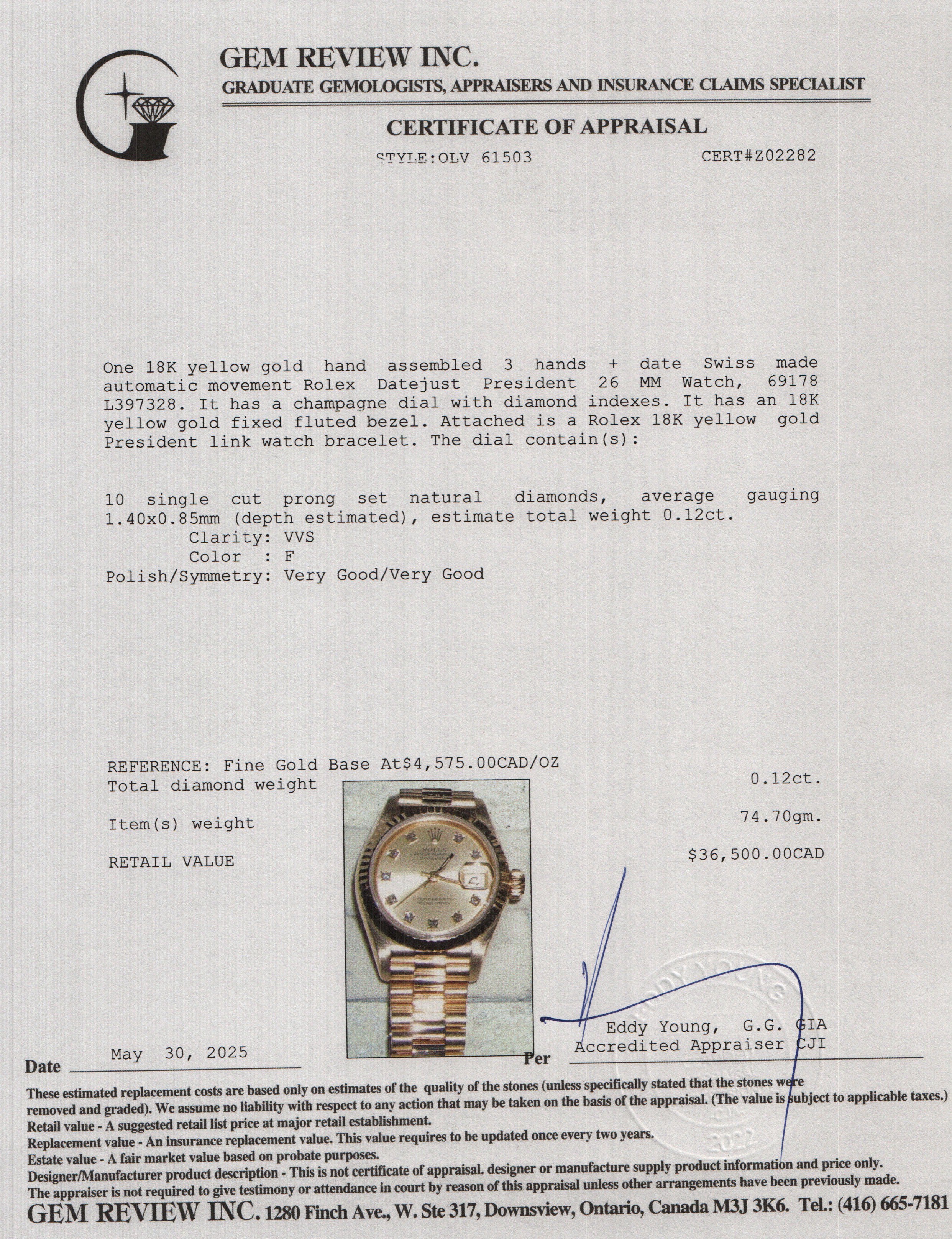 Rolex 18k Yellow Gold Diamond Champagne Dial Lady-Datejust President 26 MM Watch 69178 w/ Box