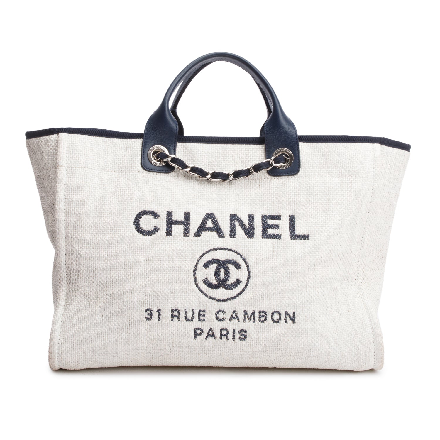 Chanel White Canvas Navy Calfskin Leather Trim Medium Deauville Shopping Tote w/ Authenticity Card