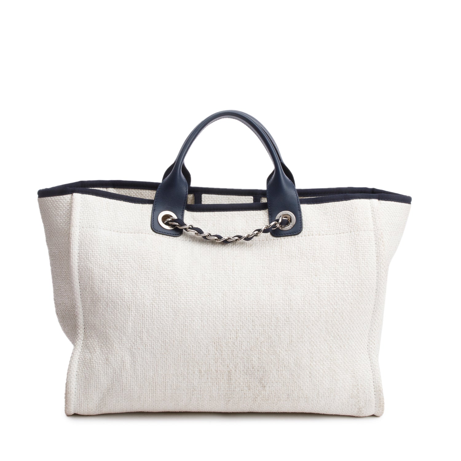 Chanel White Canvas Navy Calfskin Leather Trim Medium Deauville Shopping Tote w/ Authenticity Card