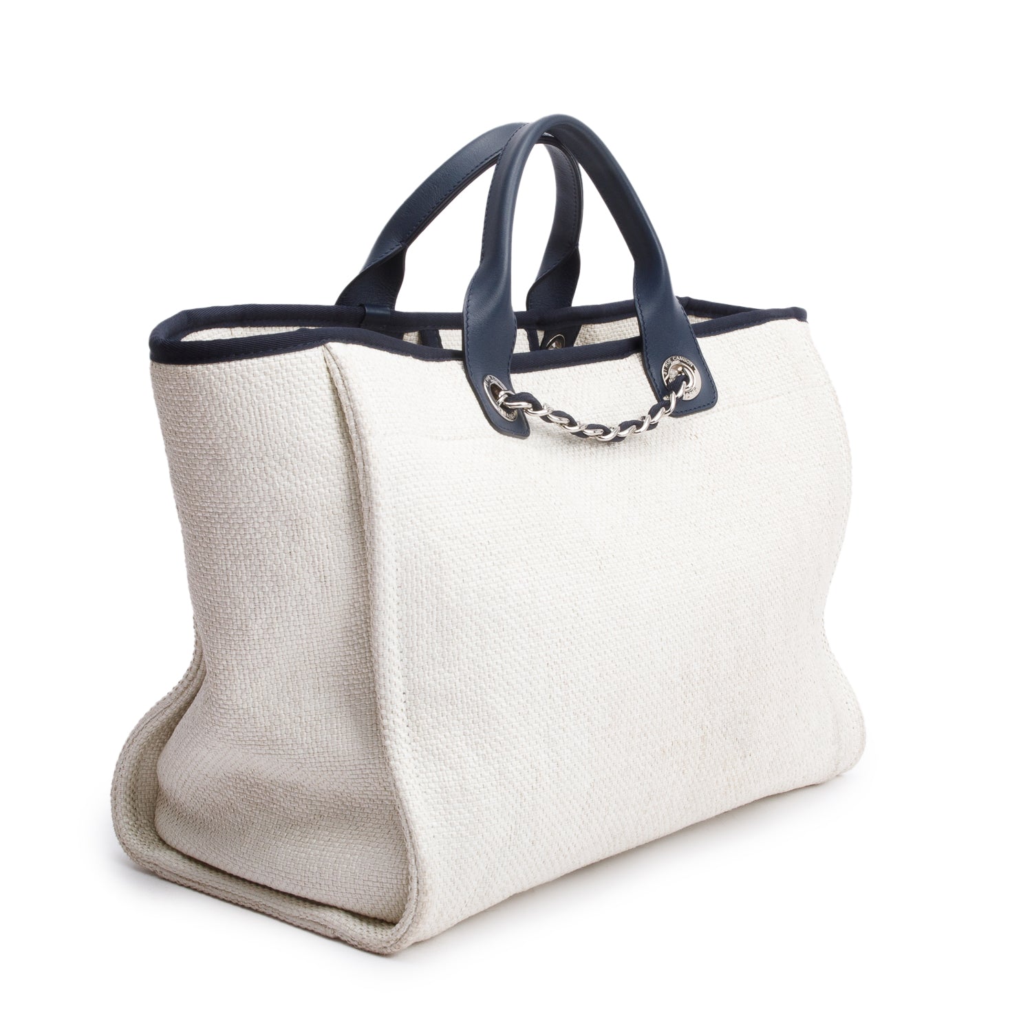 Chanel White Canvas Navy Calfskin Leather Trim Medium Deauville Shopping Tote w/ Authenticity Card