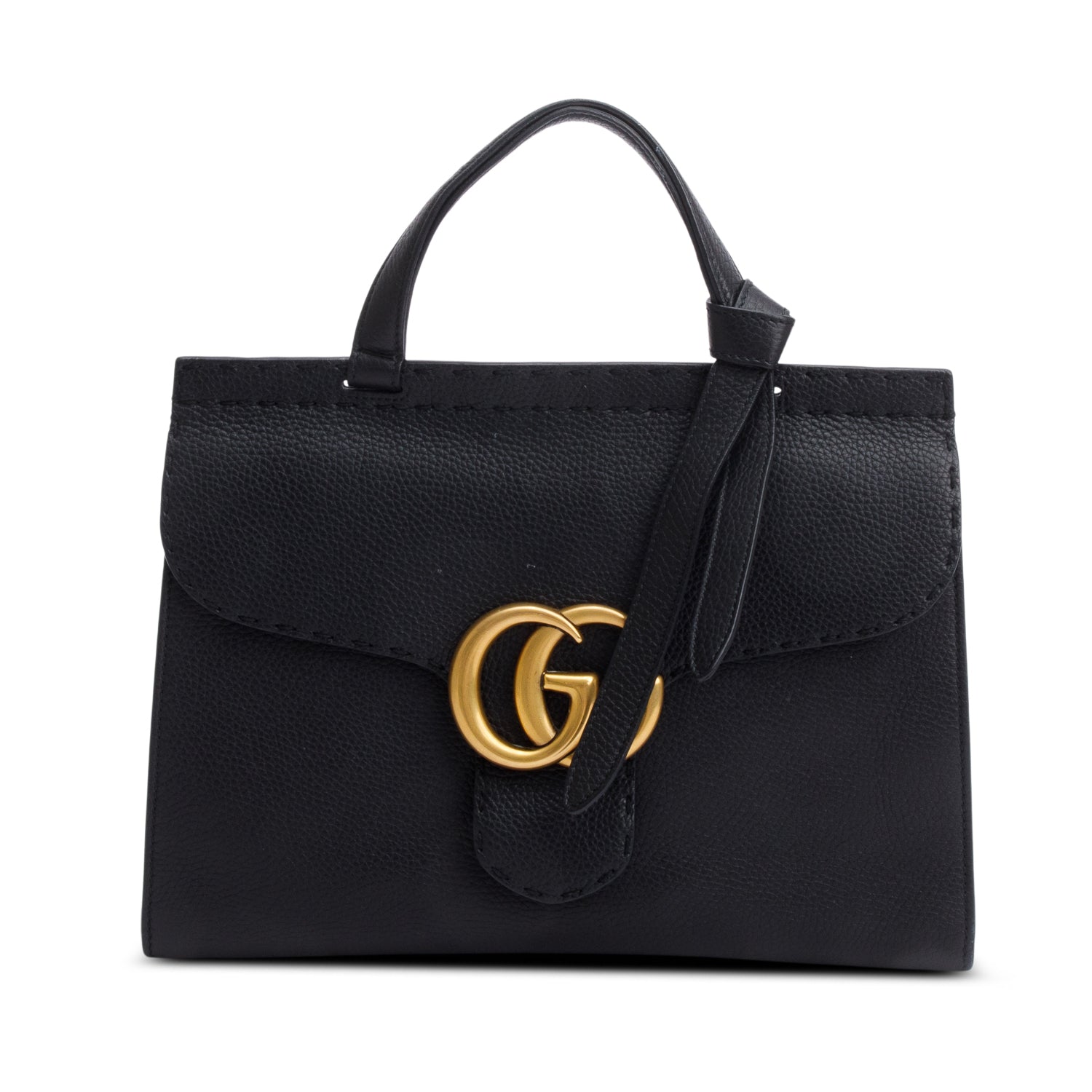 Gucci Black Pebbled Leather GG Marmont Small Top Handle Bag