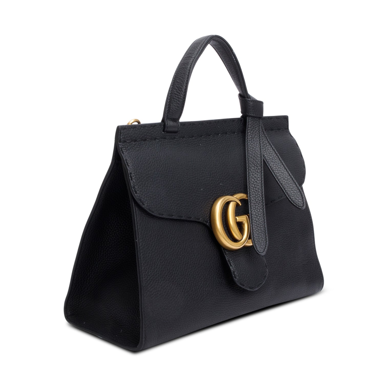 Gucci Black Pebbled Leather GG Marmont Small Top Handle Bag