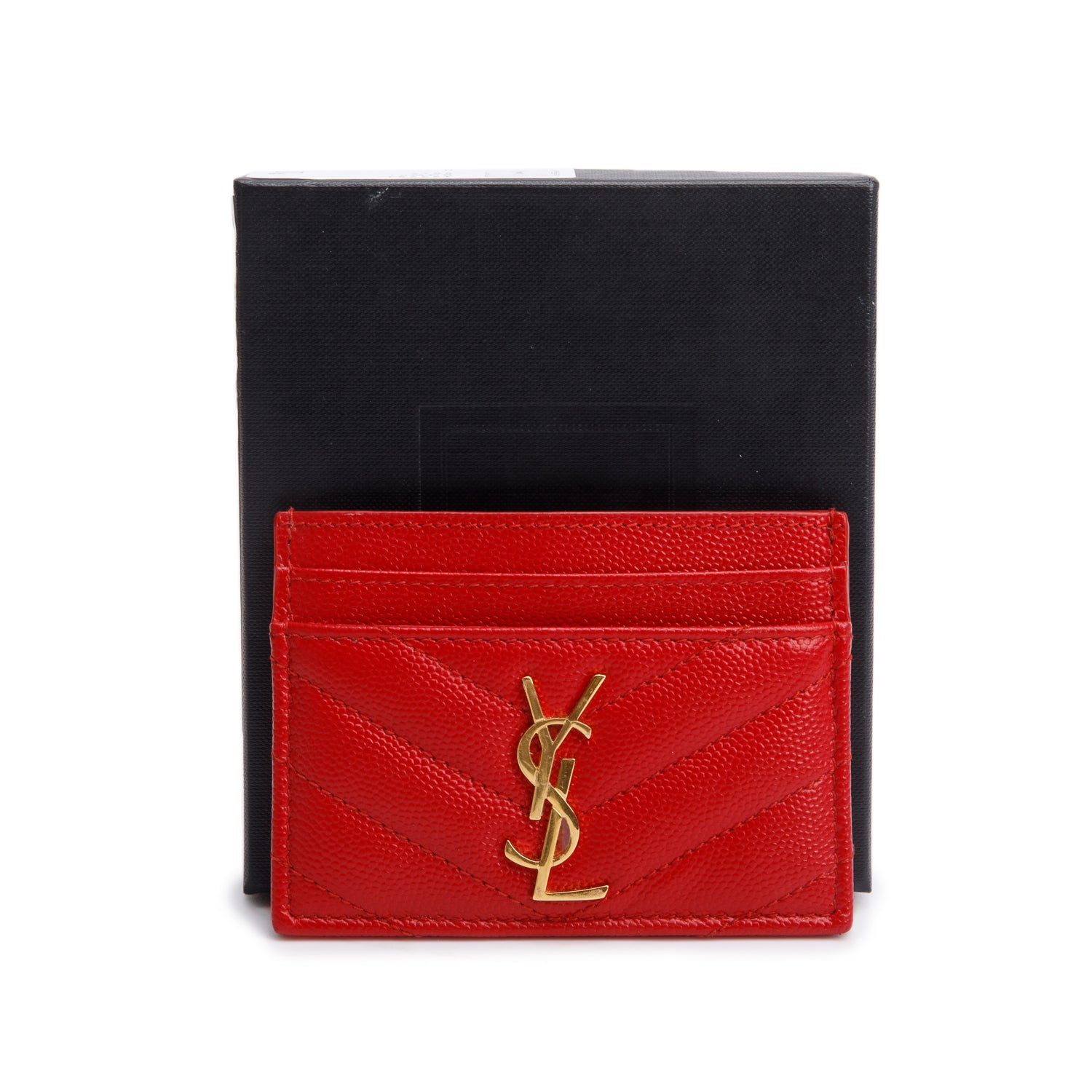 Saint Laurent Red Grain de Poudre Matelasse Chevron Leather Card Case w/ Box