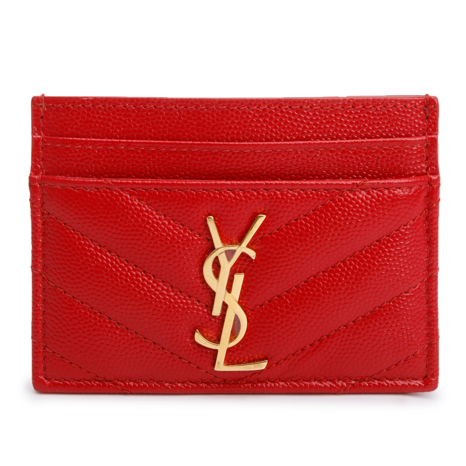 Saint Laurent Red Grain de Poudre Matelasse Chevron Leather Card Case w/ Box