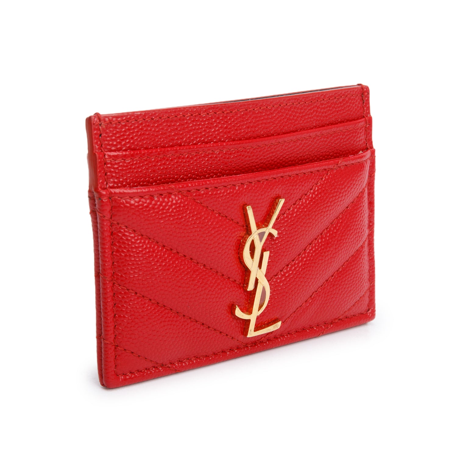 Saint Laurent Red Grain de Poudre Matelasse Chevron Leather Card Case w/ Box
