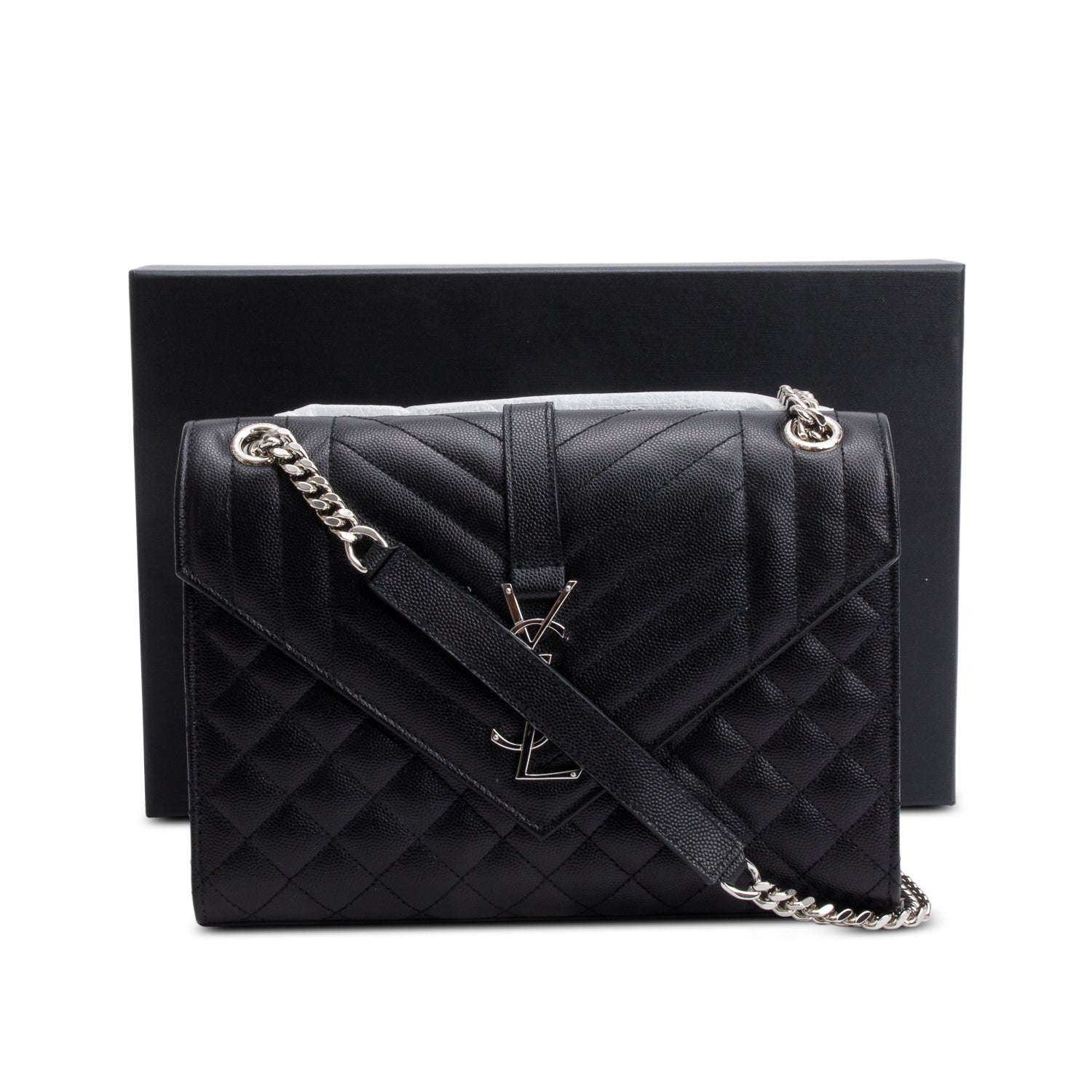 Saint Laurent 2020 Black Grained De Poudre Medium Envelope Shoulder Bag w/ Box