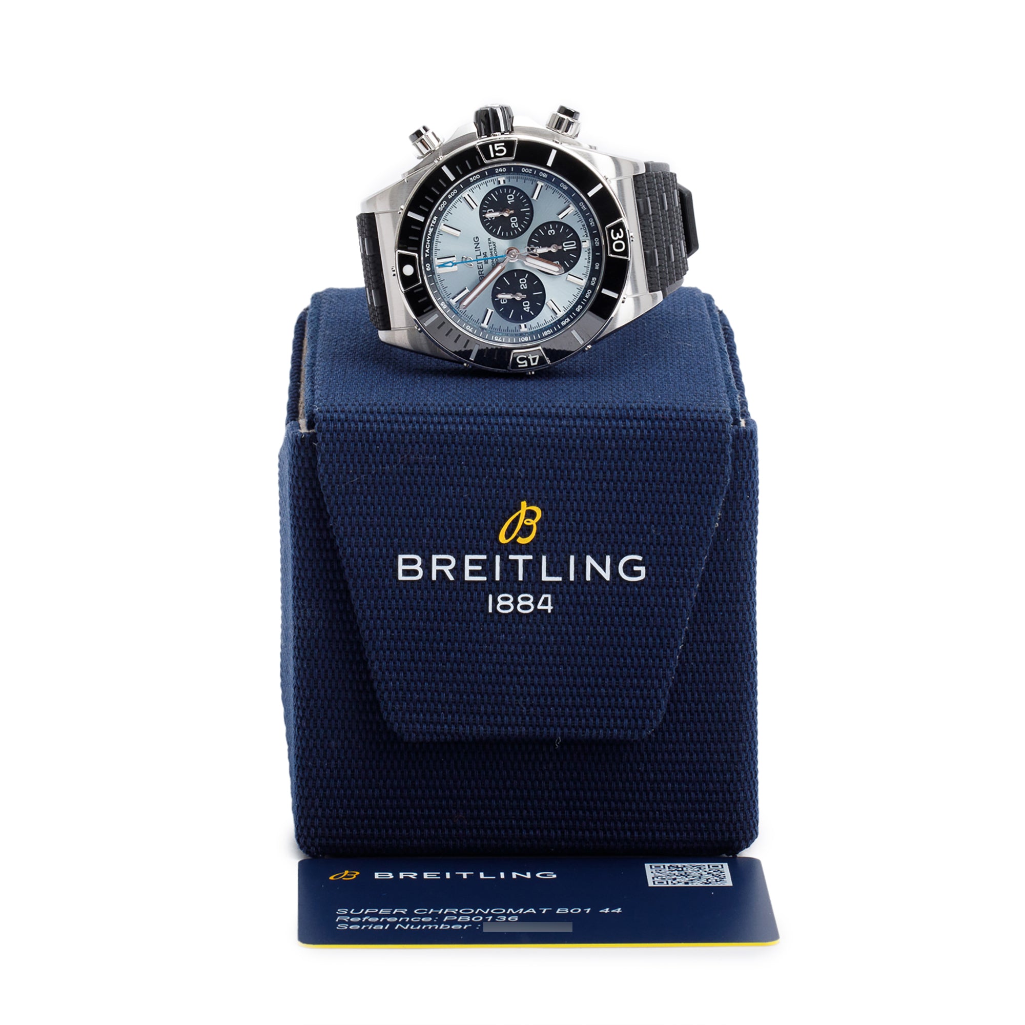 Breitling Stainless Steel & Platinum Super Chronomat B01 44 MM Automatic Chronograph Watch Black Ceramic Bezel Blue Dial PB0136 w/ Box, Papers & Receipt