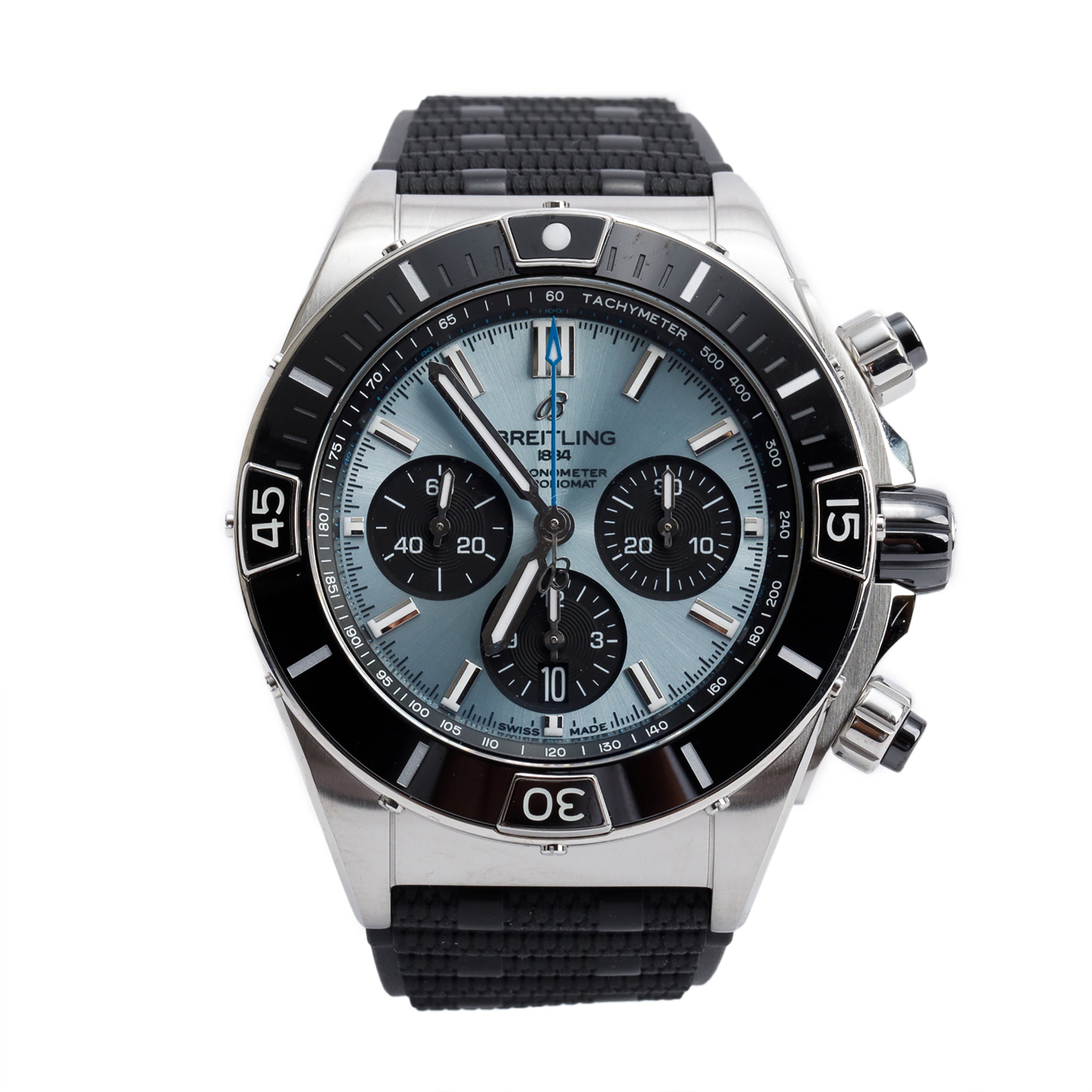 Breitling Stainless Steel & Platinum Super Chronomat B01 44 MM Automatic Chronograph Watch Black Ceramic Bezel Blue Dial PB0136 w/ Box, Papers & Receipt