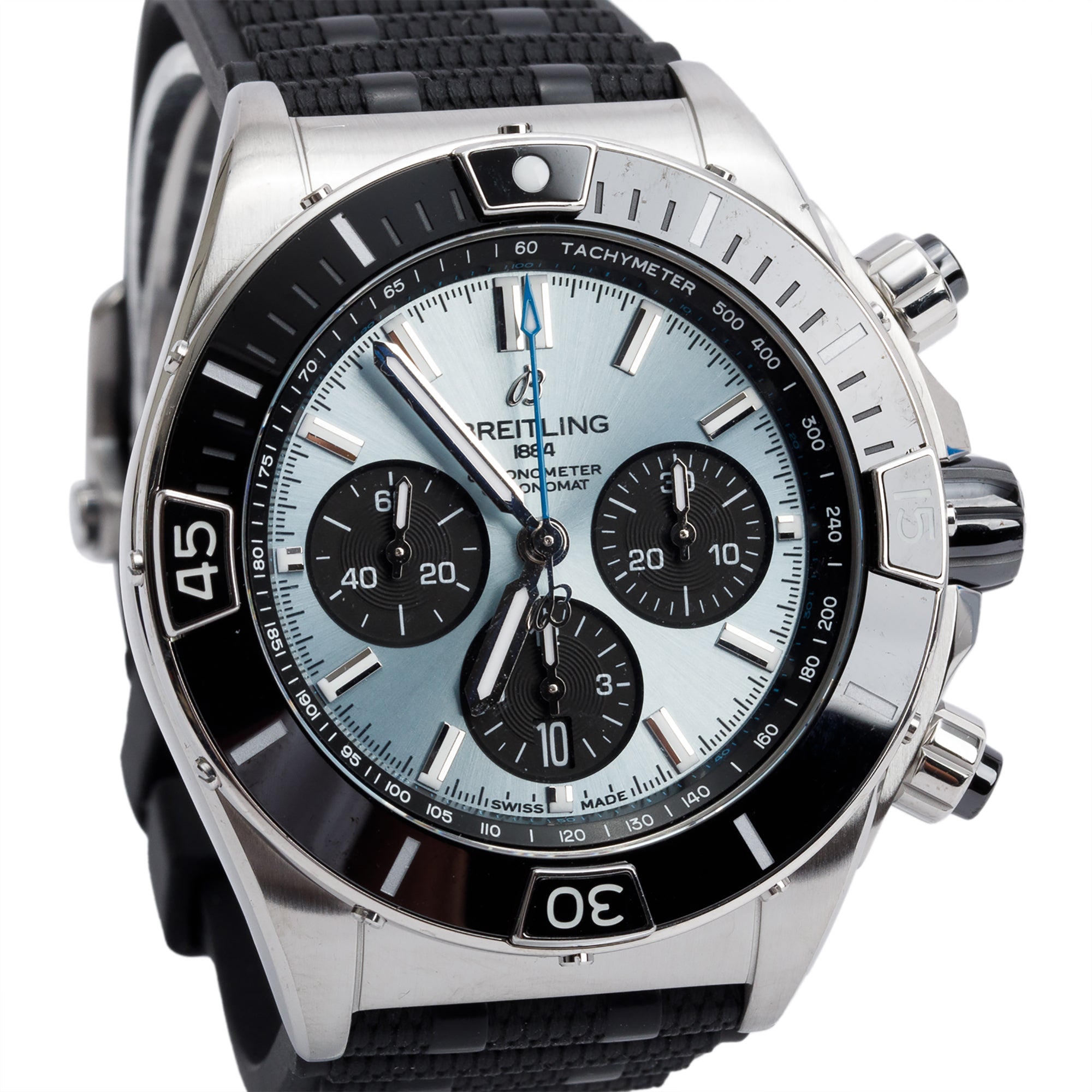 Breitling Stainless Steel & Platinum Super Chronomat B01 44 MM Automatic Chronograph Watch Black Ceramic Bezel Blue Dial PB0136 w/ Box, Papers & Receipt