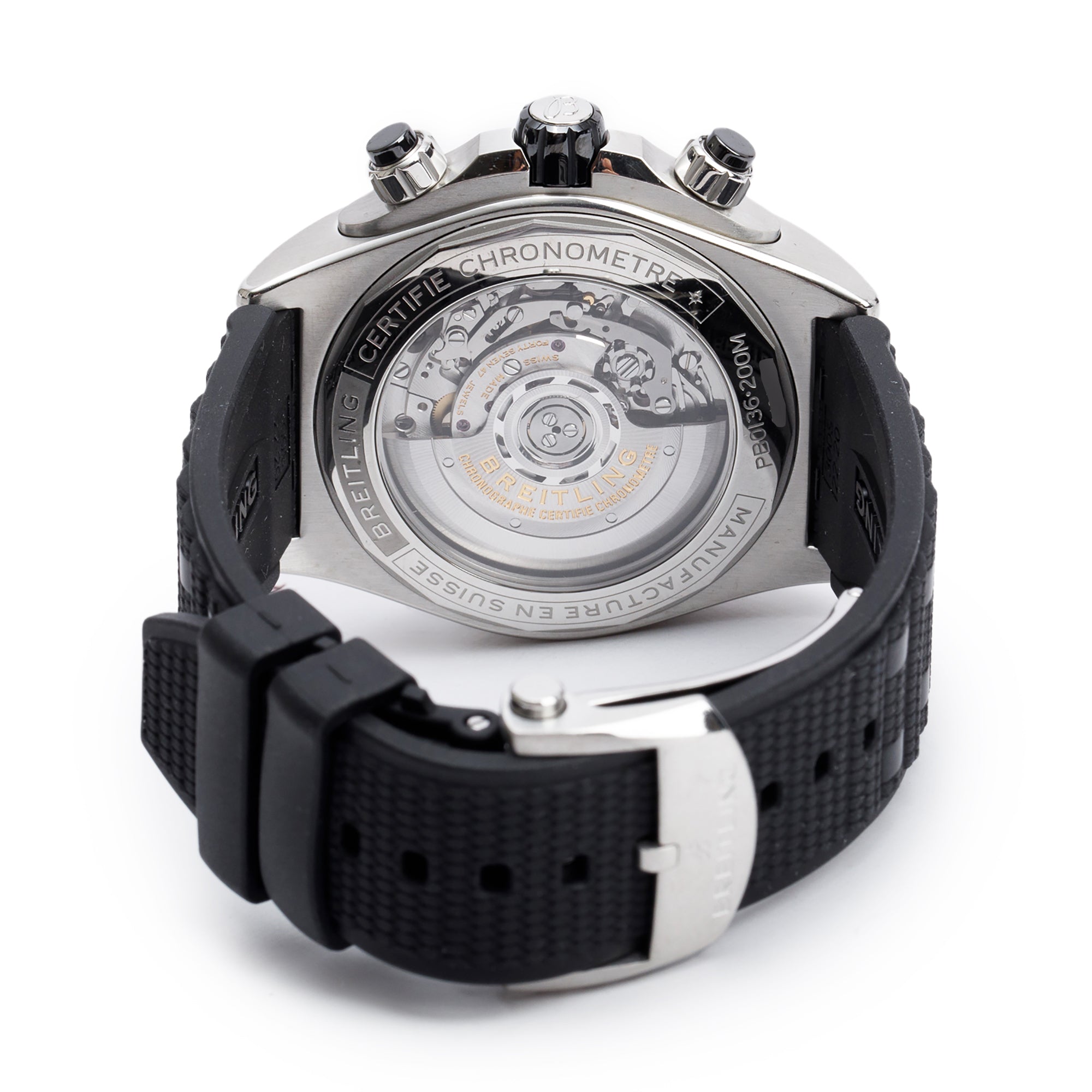 Breitling Stainless Steel & Platinum Super Chronomat B01 44 MM Automatic Chronograph Watch Black Ceramic Bezel Blue Dial PB0136 w/ Box, Papers & Receipt