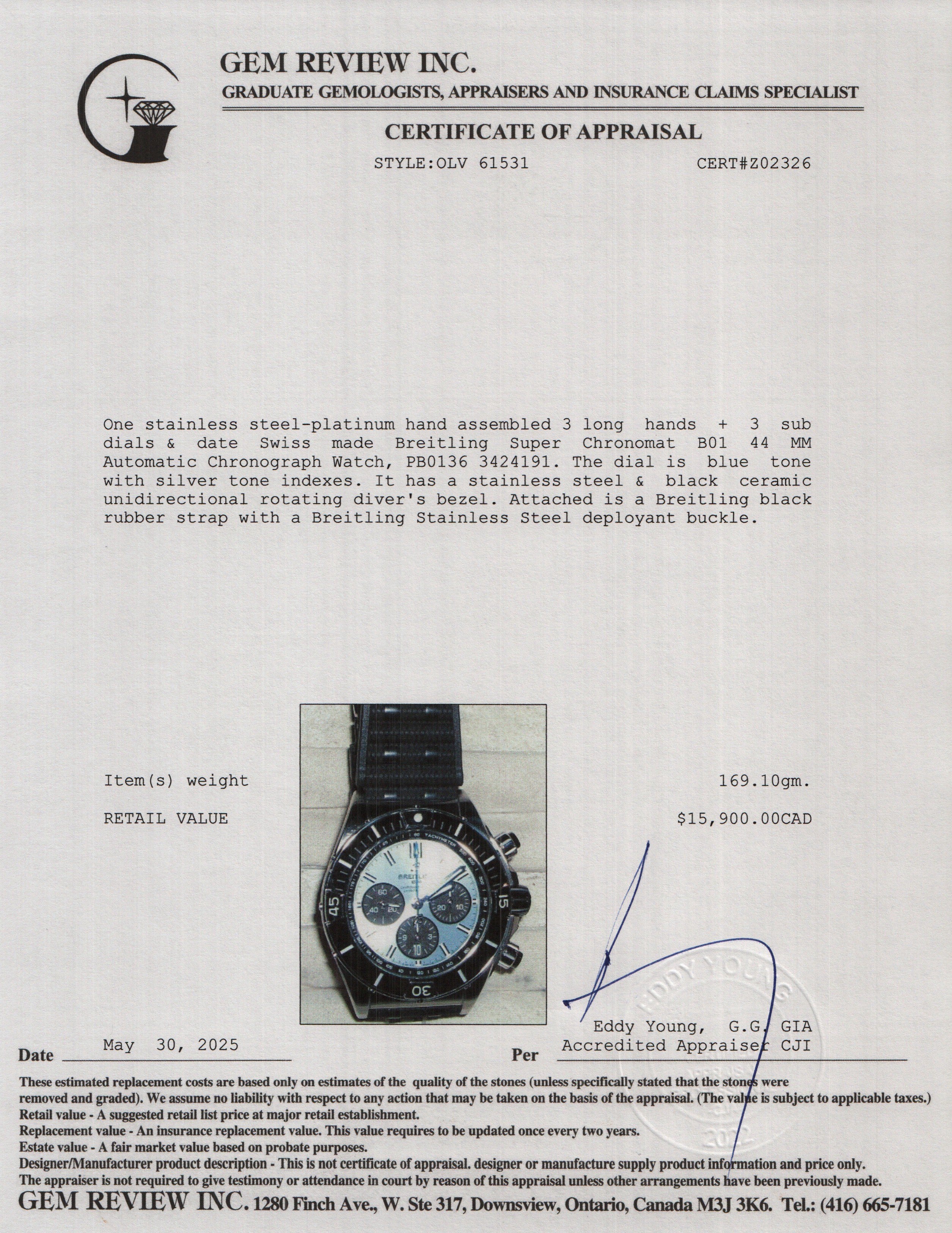 Breitling Stainless Steel & Platinum Super Chronomat B01 44 MM Automatic Chronograph Watch Black Ceramic Bezel Blue Dial PB0136 w/ Box, Papers & Receipt