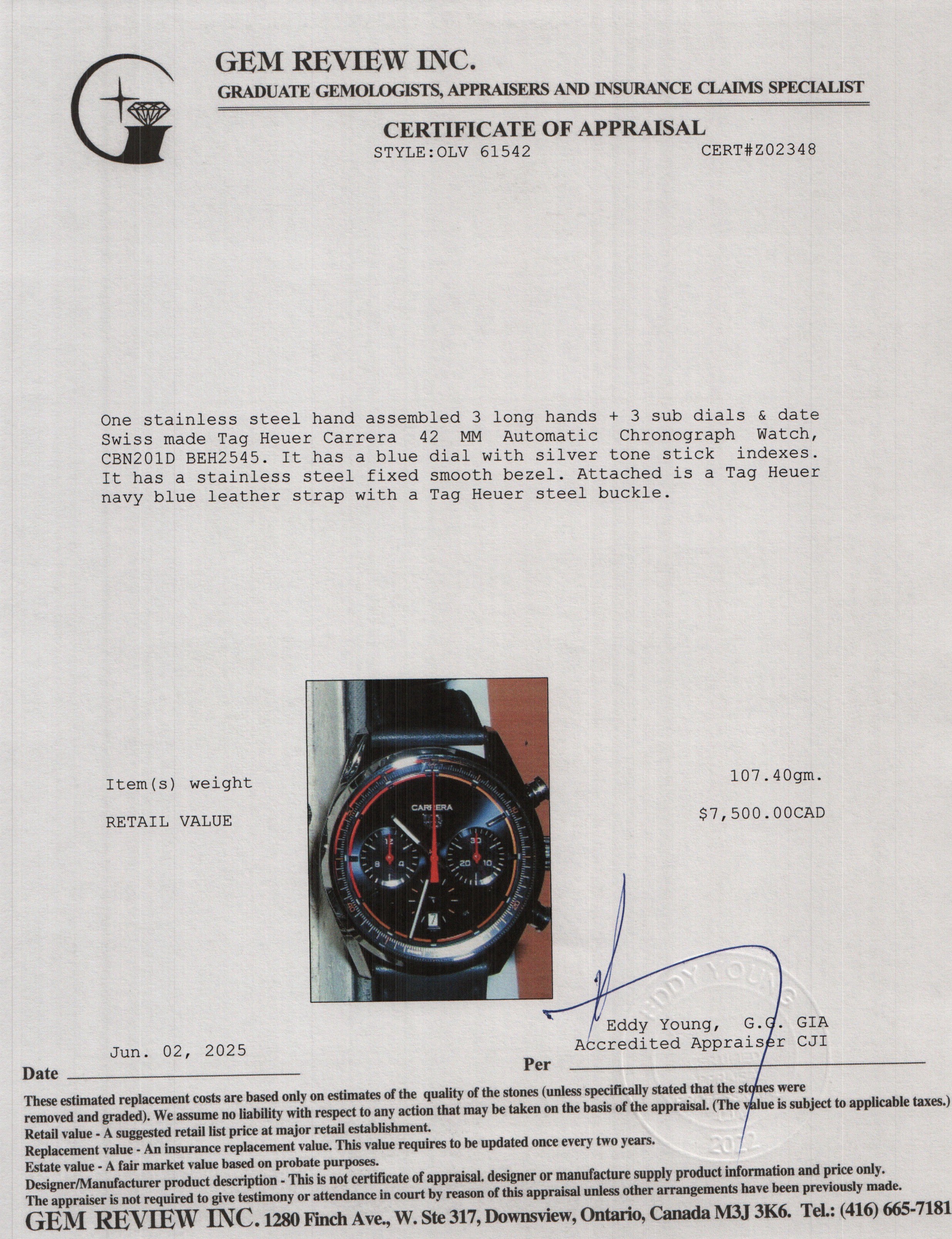 Tag Heuer 2024 Stainless Steel Carrera 42 MM Automatic Chronograph Watch CBN201D w/ Box, Receipt & Papers
