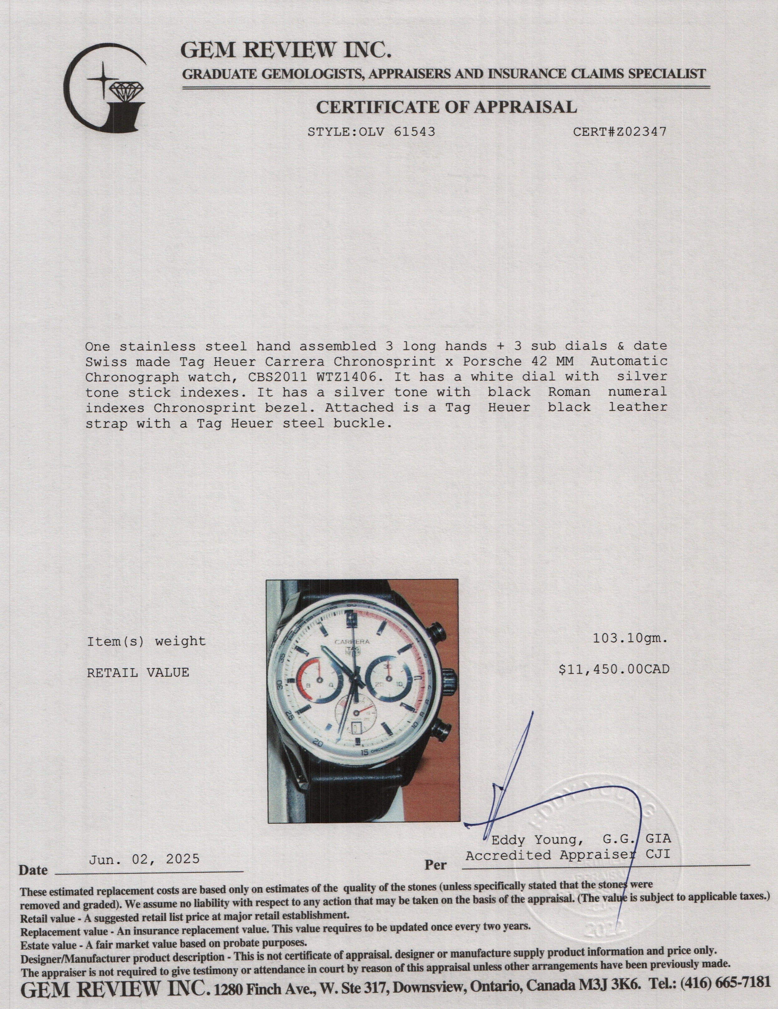 Tag Heuer 2024 Stainless Steel Carrera Chronosprint x Porsche 42 MM Automatic Chronograph Watch CBS2011 w/ Box, Receipt & Papers