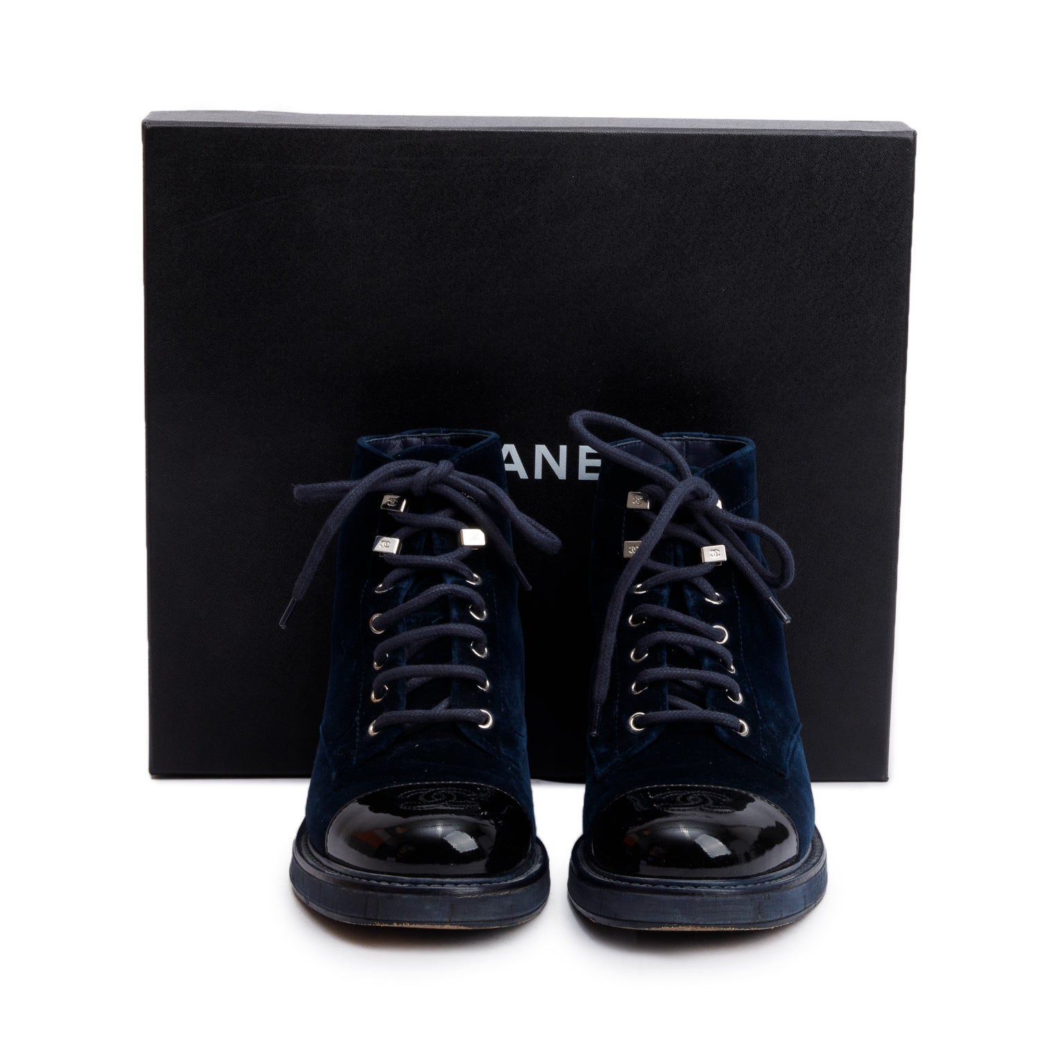 Chanel Blue Velvet Interlocking CC Logo Lace Up Ankle Boots, Size 37 w/ Box