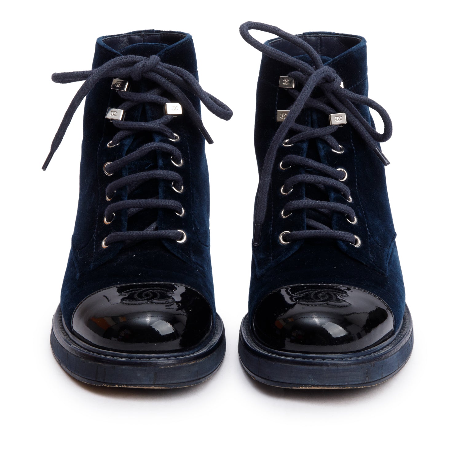 Chanel Blue Velvet Interlocking CC Logo Lace Up Ankle Boots, Size 37 w/ Box