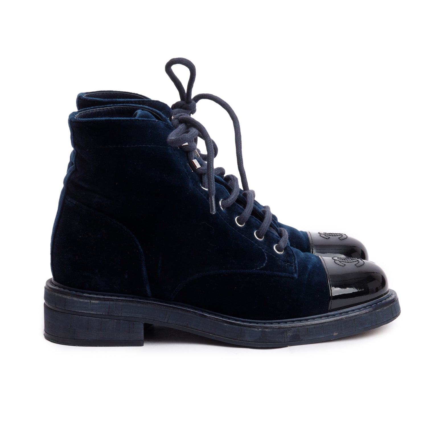 Chanel Blue Velvet Interlocking CC Logo Lace Up Ankle Boots, Size 37 w/ Box