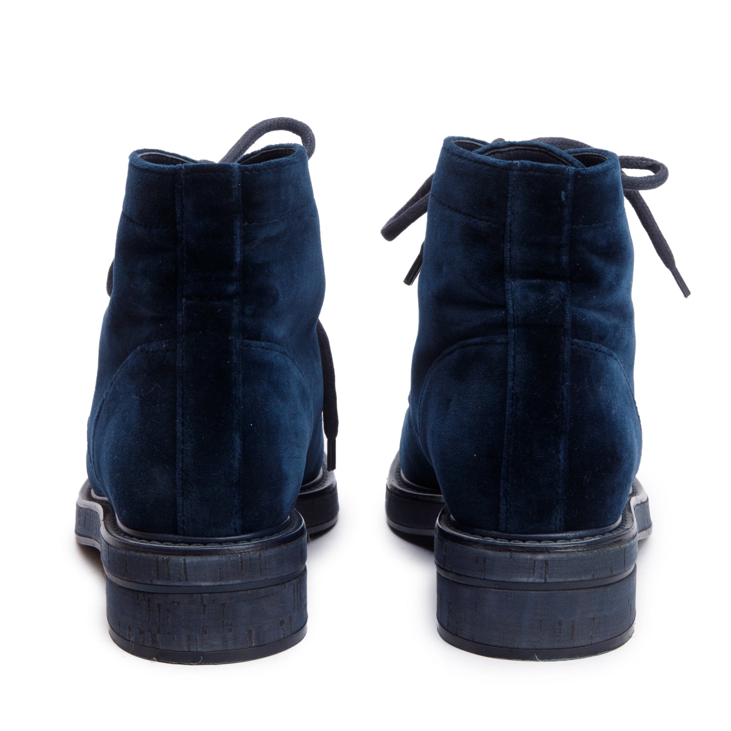 Chanel Blue Velvet Interlocking CC Logo Lace Up Ankle Boots, Size 37 w/ Box