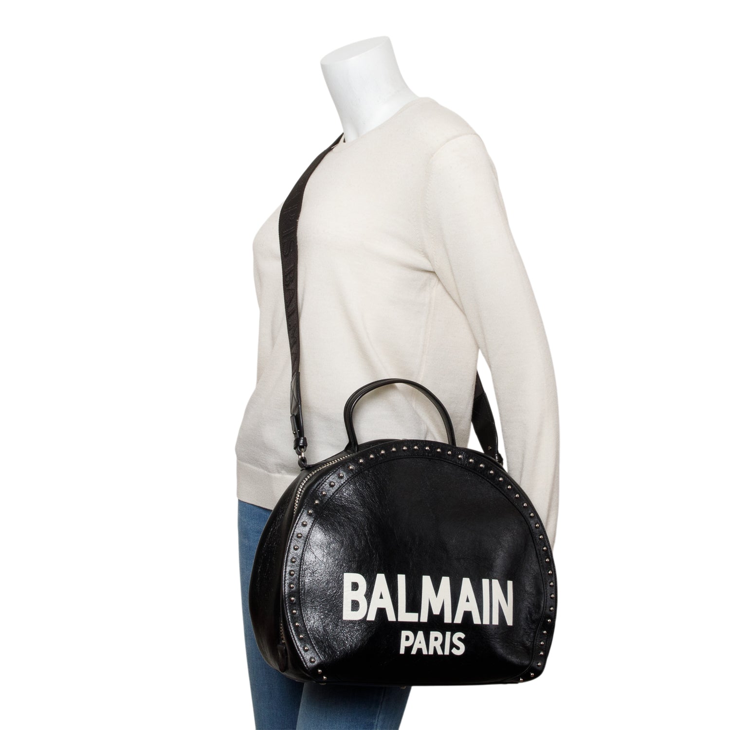 Balmain Black Leather Studded Logo Drum Bag w/ Receipt