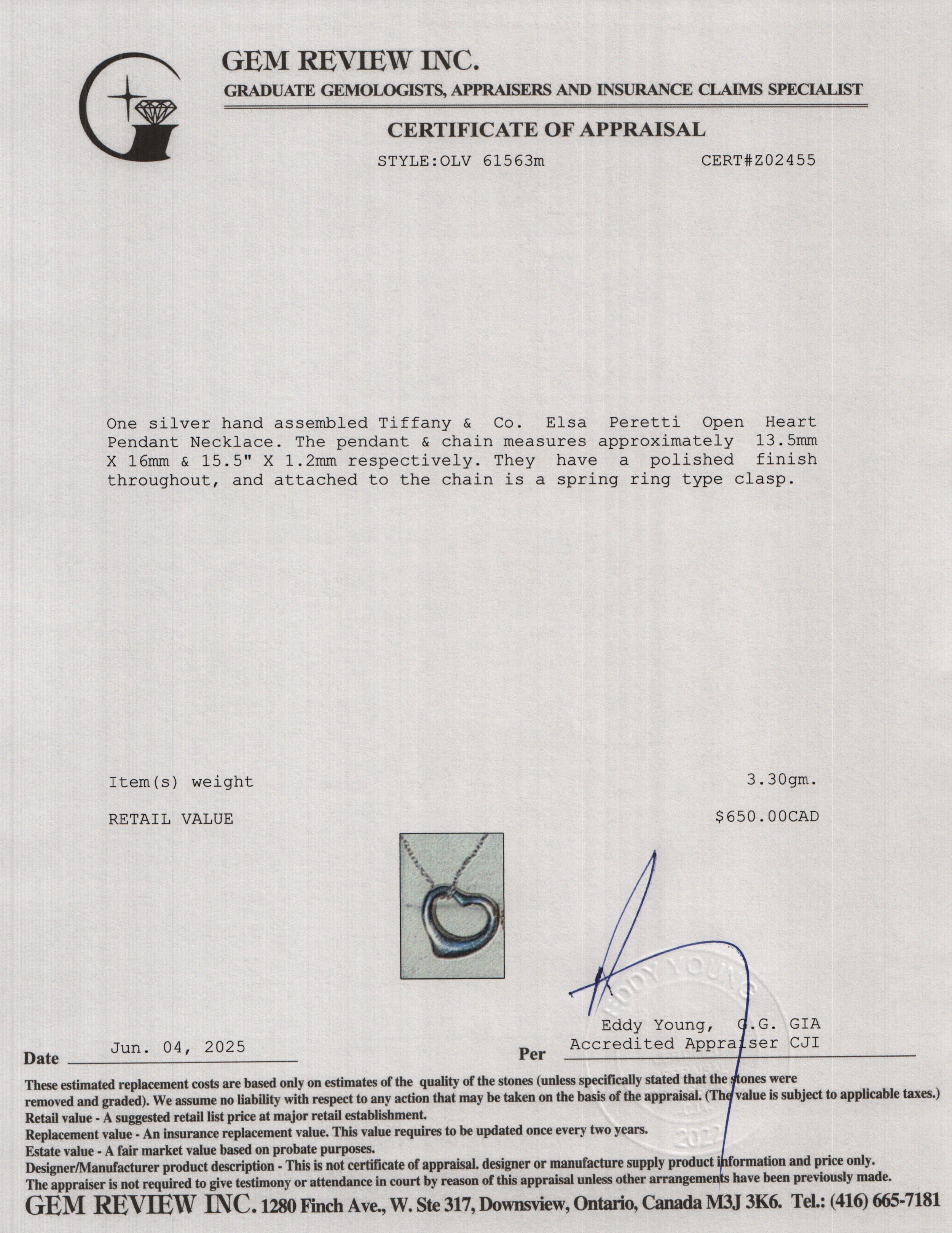 Tiffany & Co. Elsa Peretti Sterling Silver 16 MM Open Heart Pendant Necklace