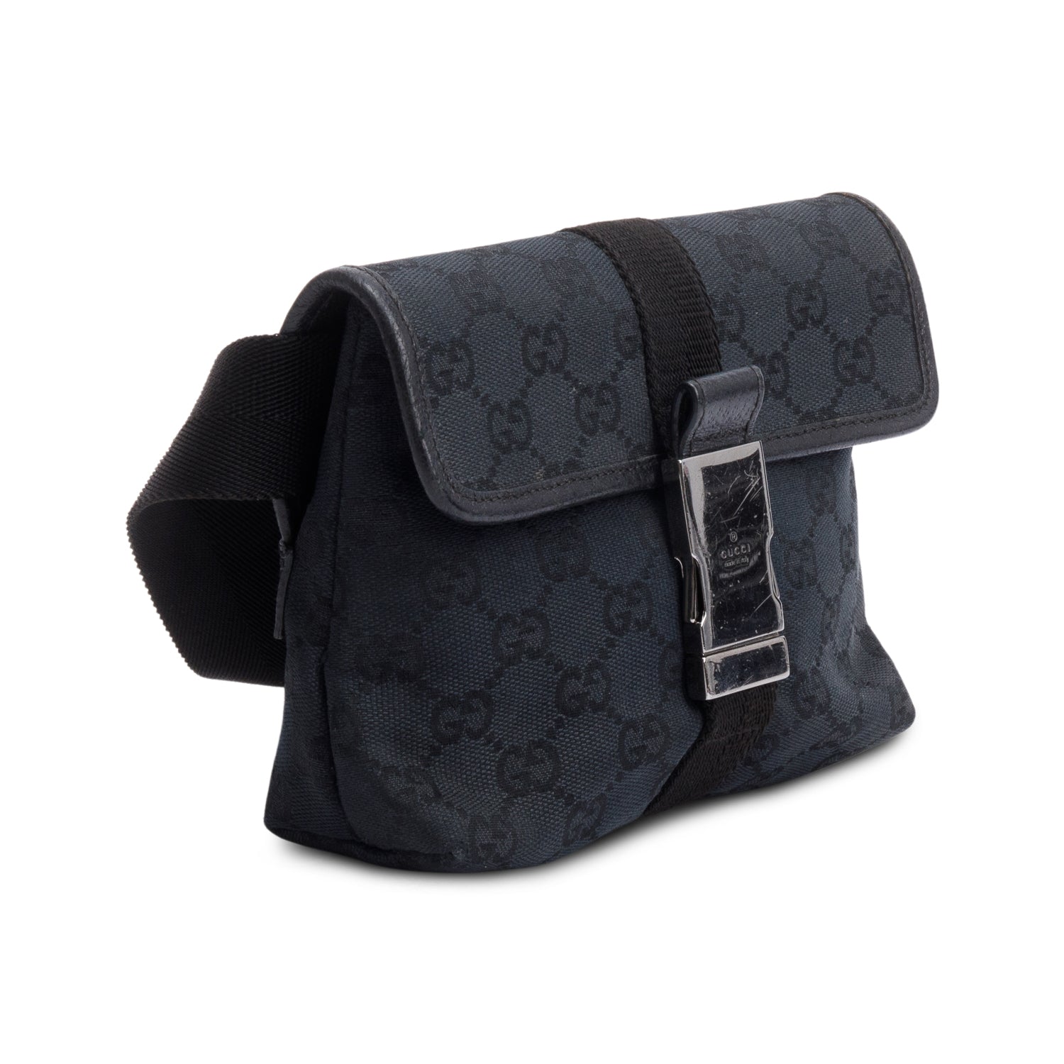Gucci Black GG Canvas Buckle Waist Bag