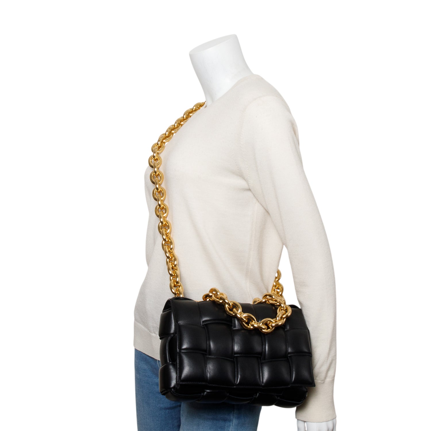 Bottega Veneta Black Intreccio Nappa Padded Leather Maxi Chain Cassette Bag