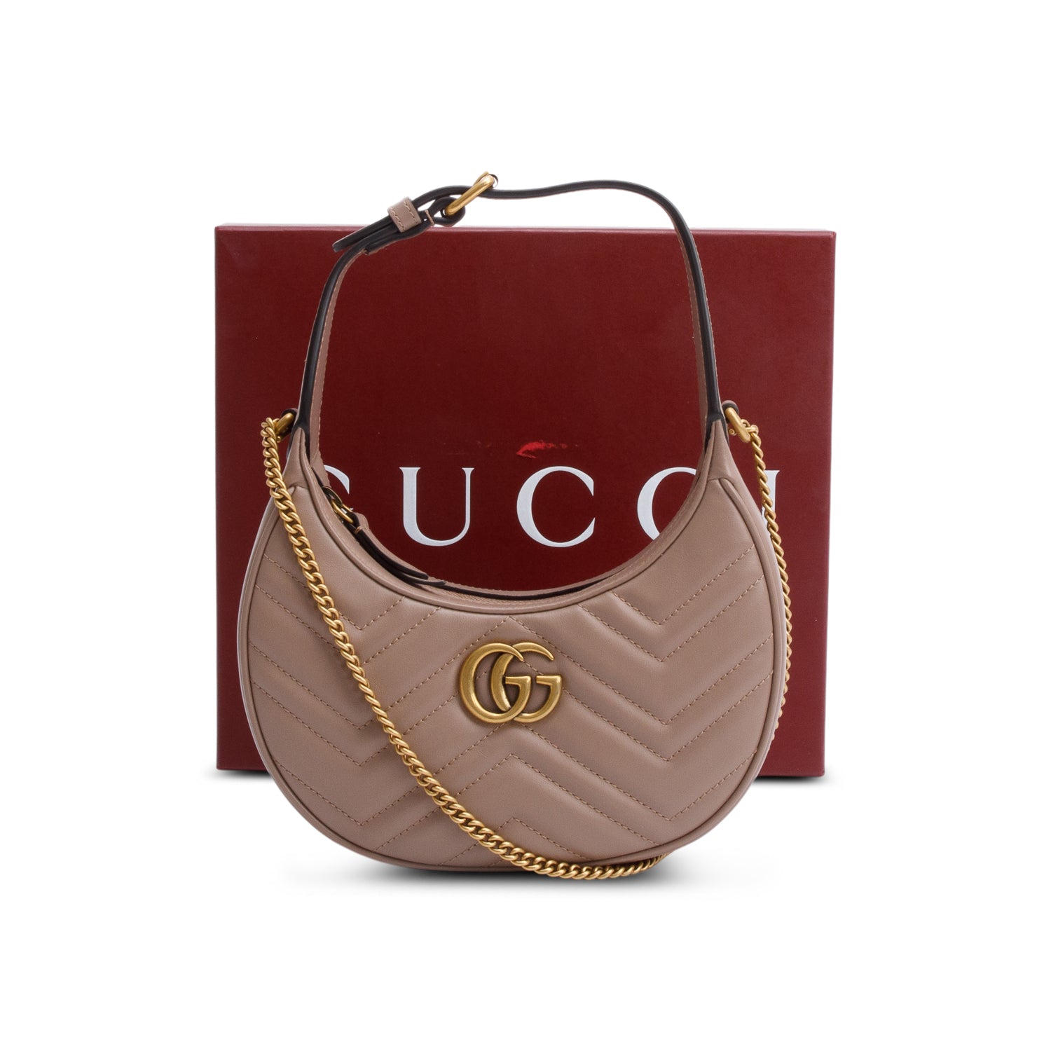Gucci Beige GG Marmont Half-Moon Shaped Mini Bag w/ Strap & Box