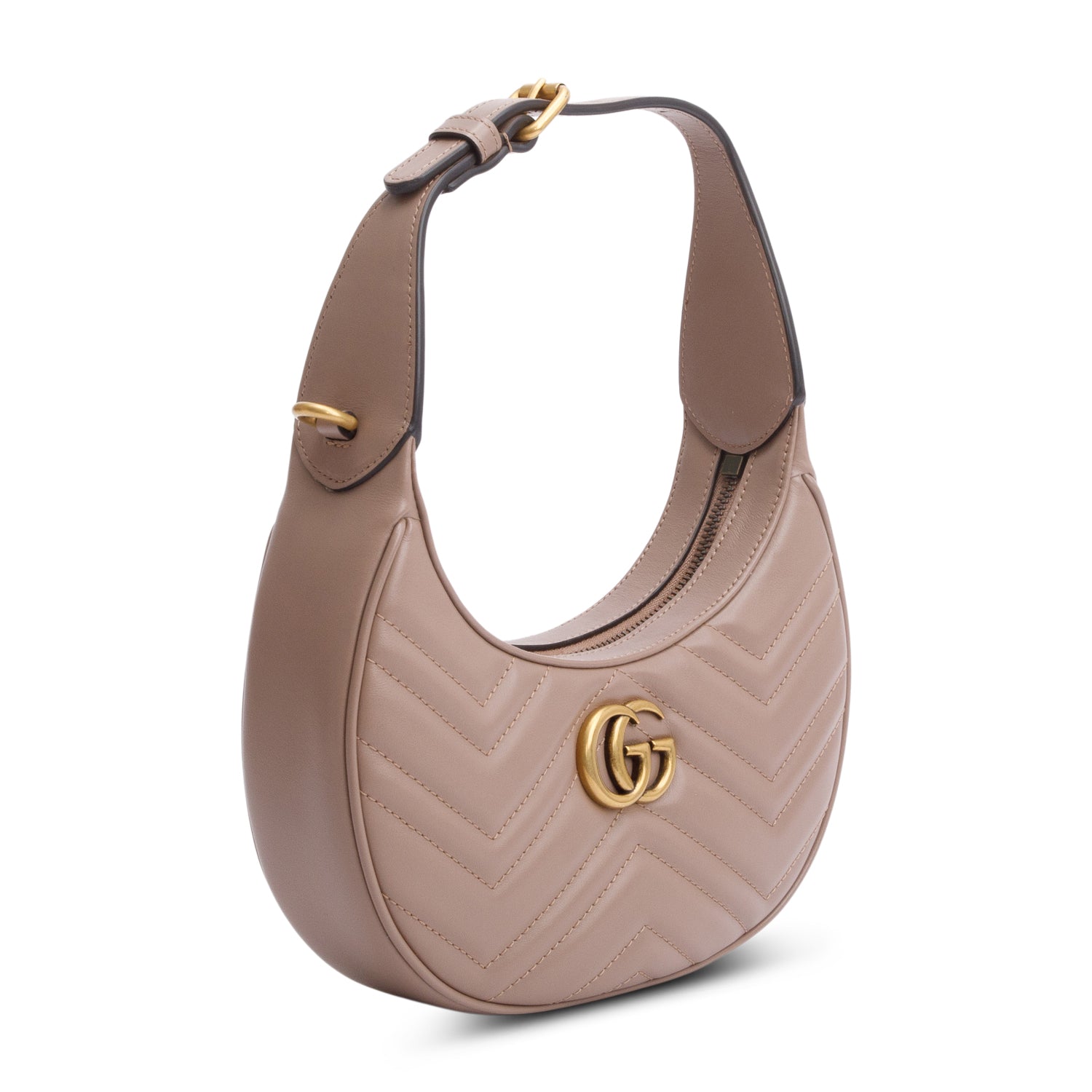 Gucci Beige GG Marmont Half-Moon Shaped Mini Bag w/ Strap & Box
